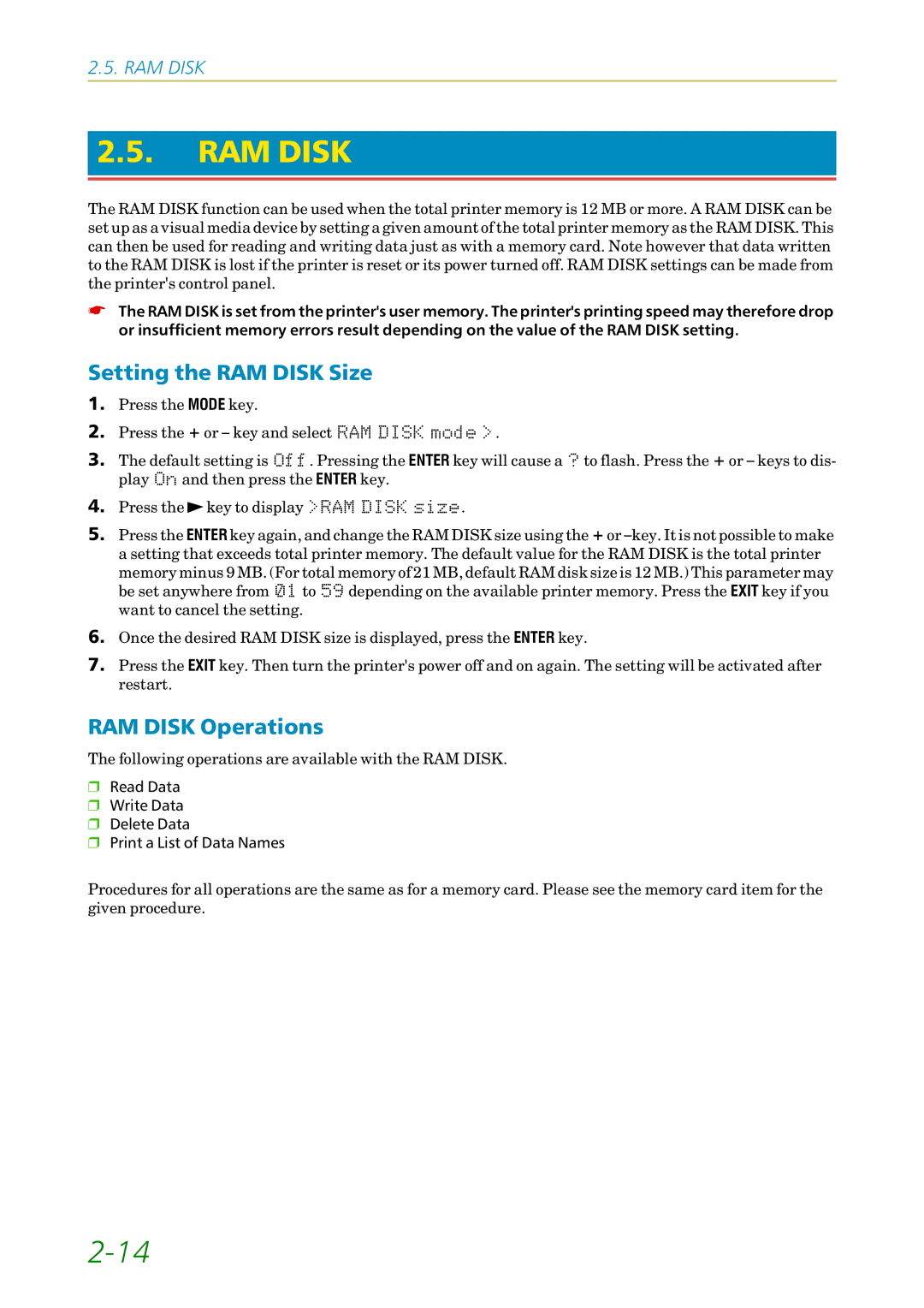 Kyocera FS-1200 manual Setting the RAM Disk Size, RAM Disk Operations 