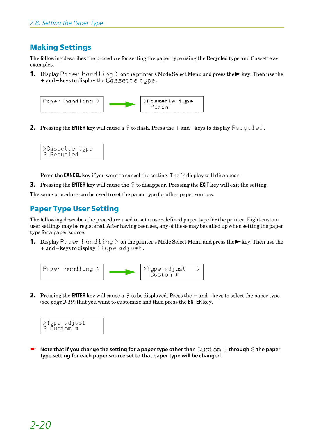 Kyocera FS-1200 manual Making Settings, Paper Type User Setting 