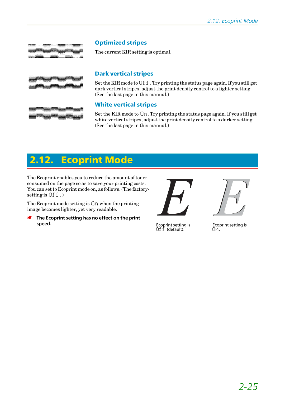 Kyocera FS-1200 manual Ecoprint Mode, Optimized stripes, Dark vertical stripes, White vertical stripes 