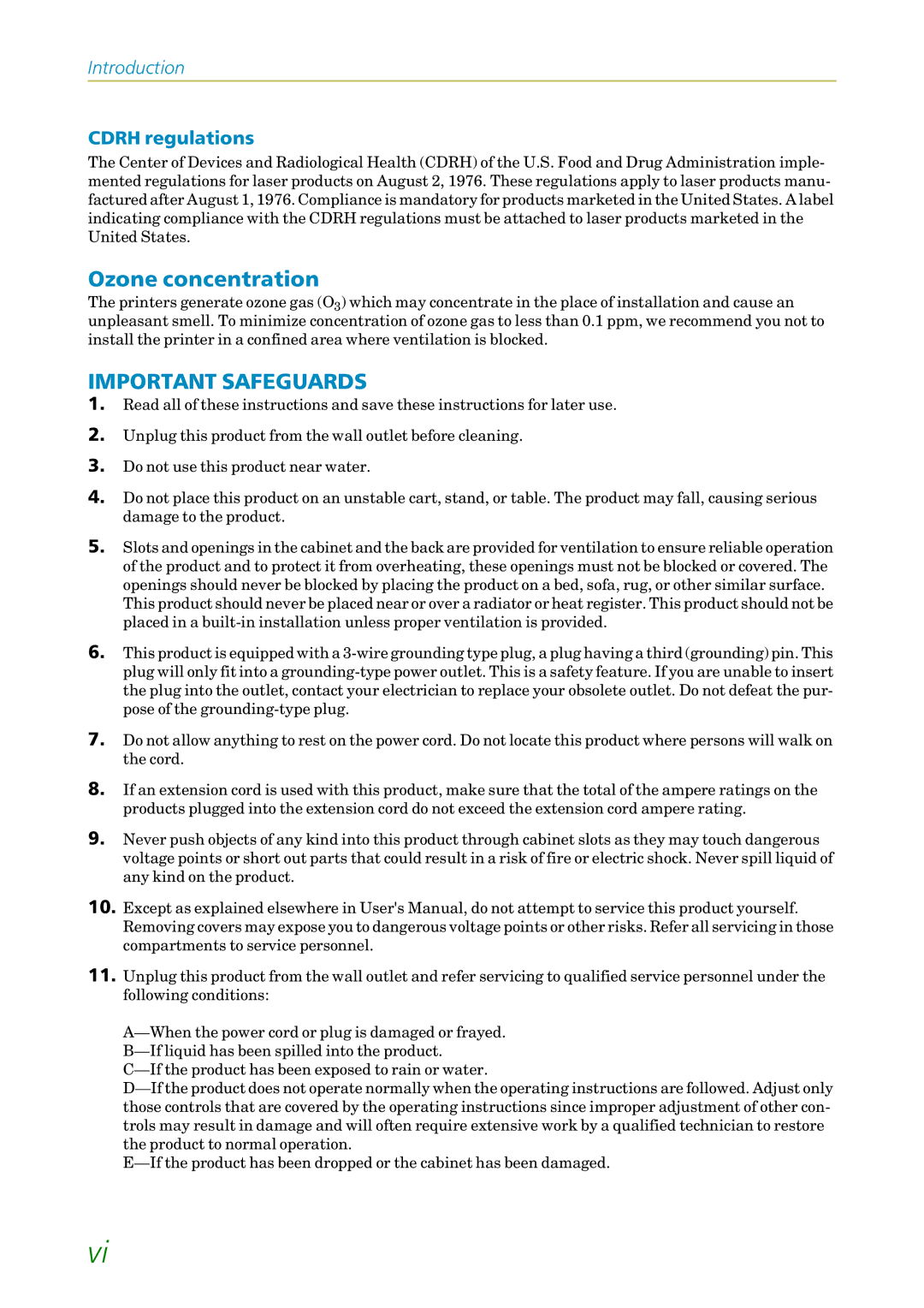 Kyocera FS-1200 manual Ozone concentration, Cdrh regulations 