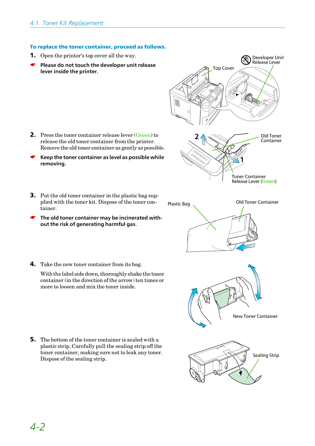 Kyocera FS-1200 manual To replace the toner container, proceed as follows 