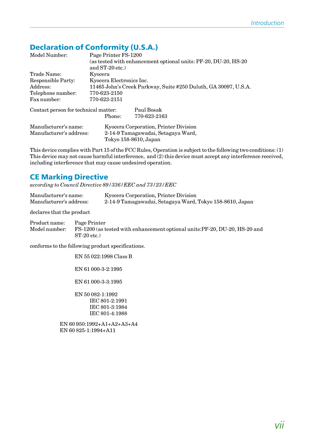 Kyocera FS-1200 manual Declaration of Conformity U.S.A, CE Marking Directive 