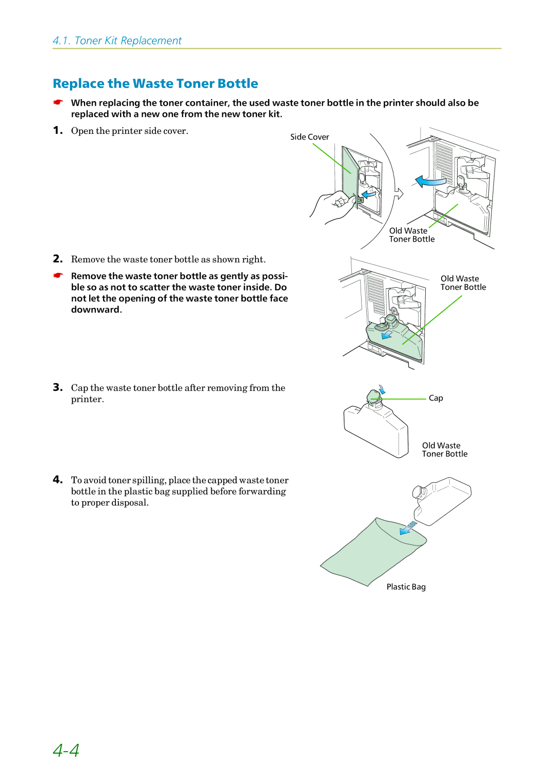 Kyocera FS-1200 manual Replace the Waste Toner Bottle 