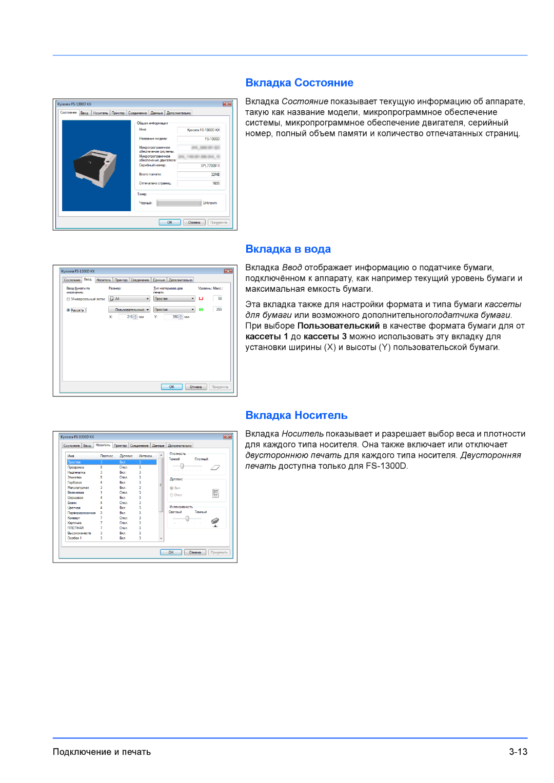 Kyocera FS-1100, FS-1300D manual Вкладка Состояние, Вкладка в вода, Вкладка Носитель 