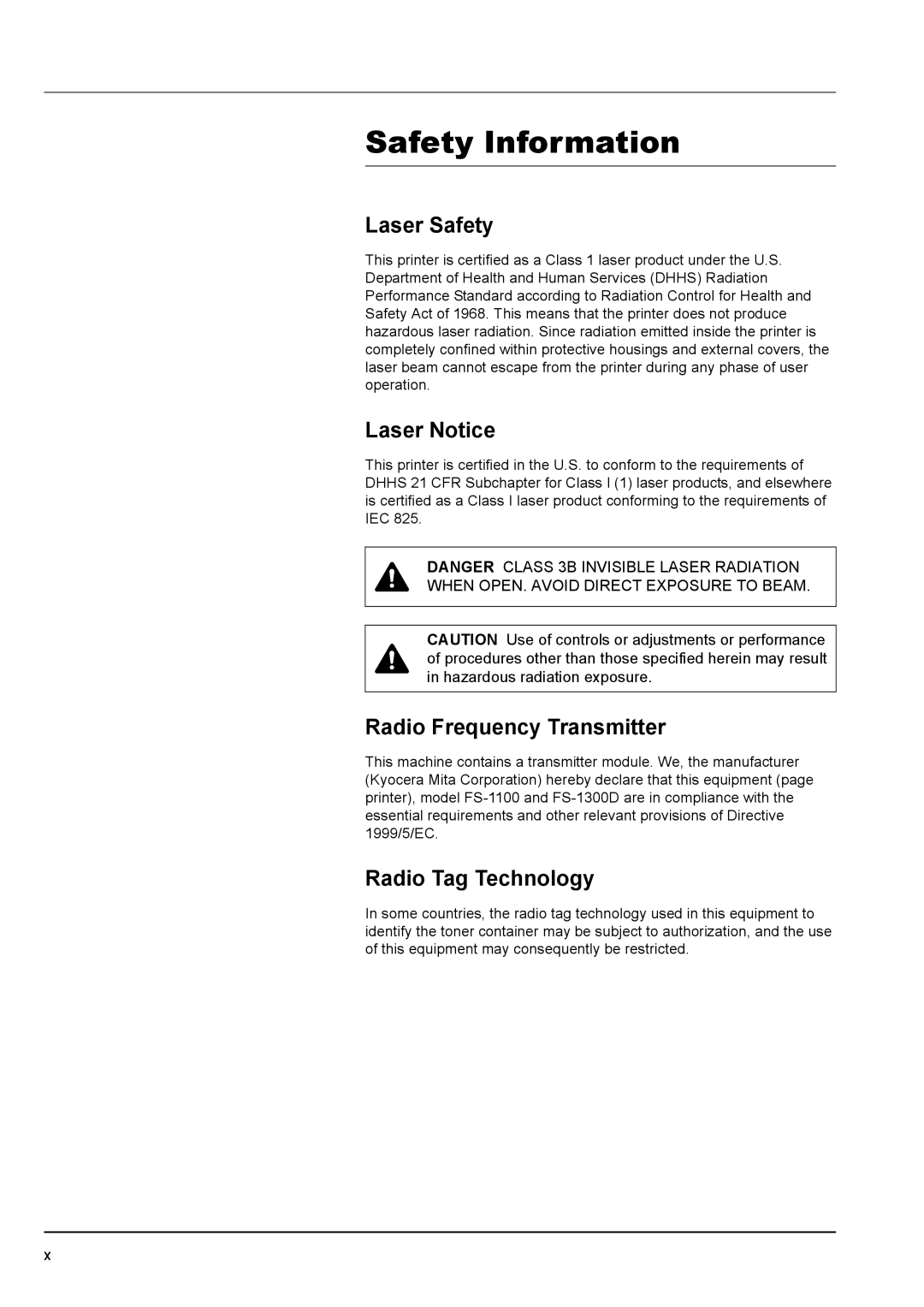 Kyocera FS-1300D manual Safety Information, Laser Safety, Laser Notice, Radio Frequency Transmitter, Radio Tag Technology 