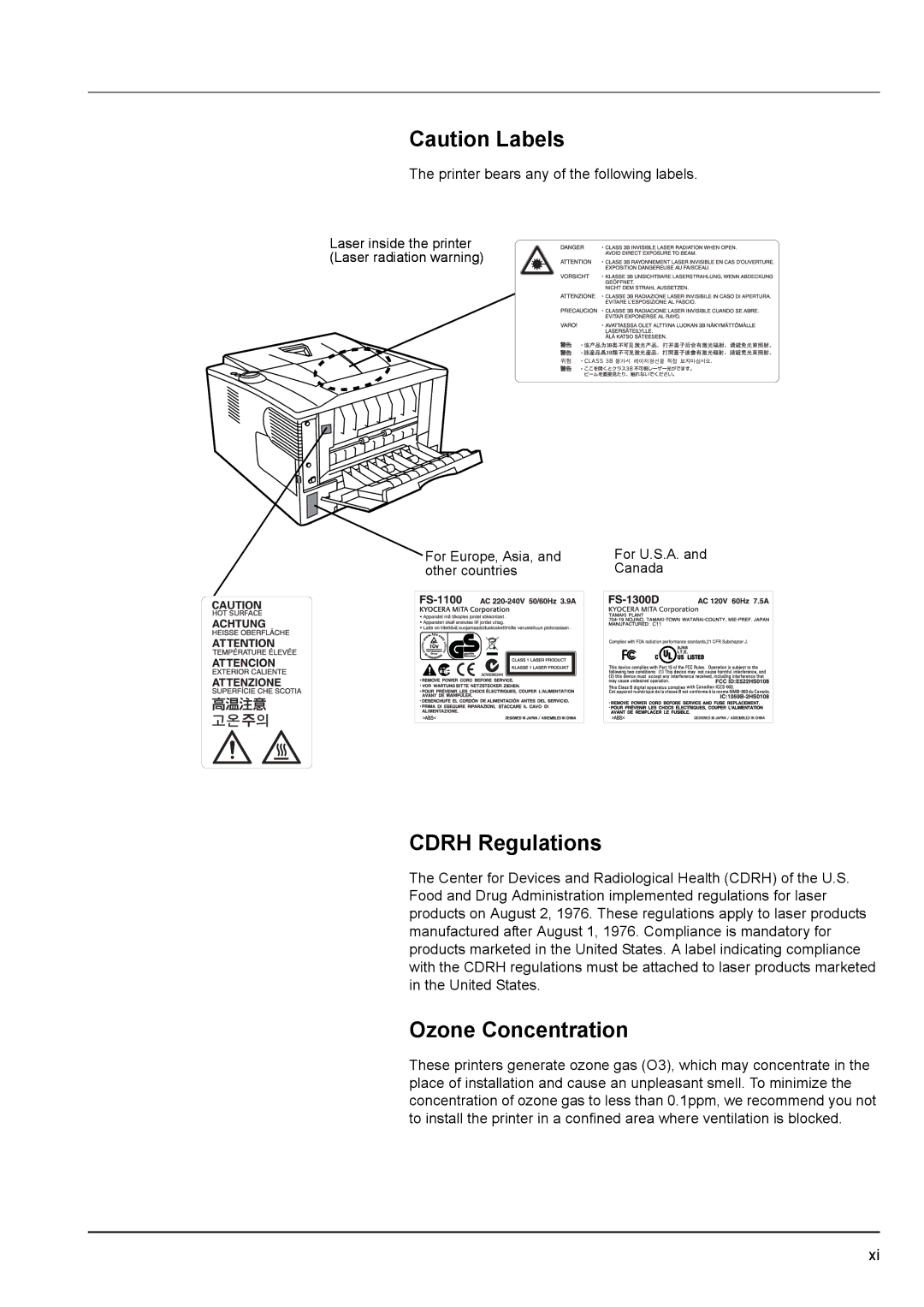 Kyocera FS-1100, FS-1300D manual Cdrh Regulations, Ozone Concentration 