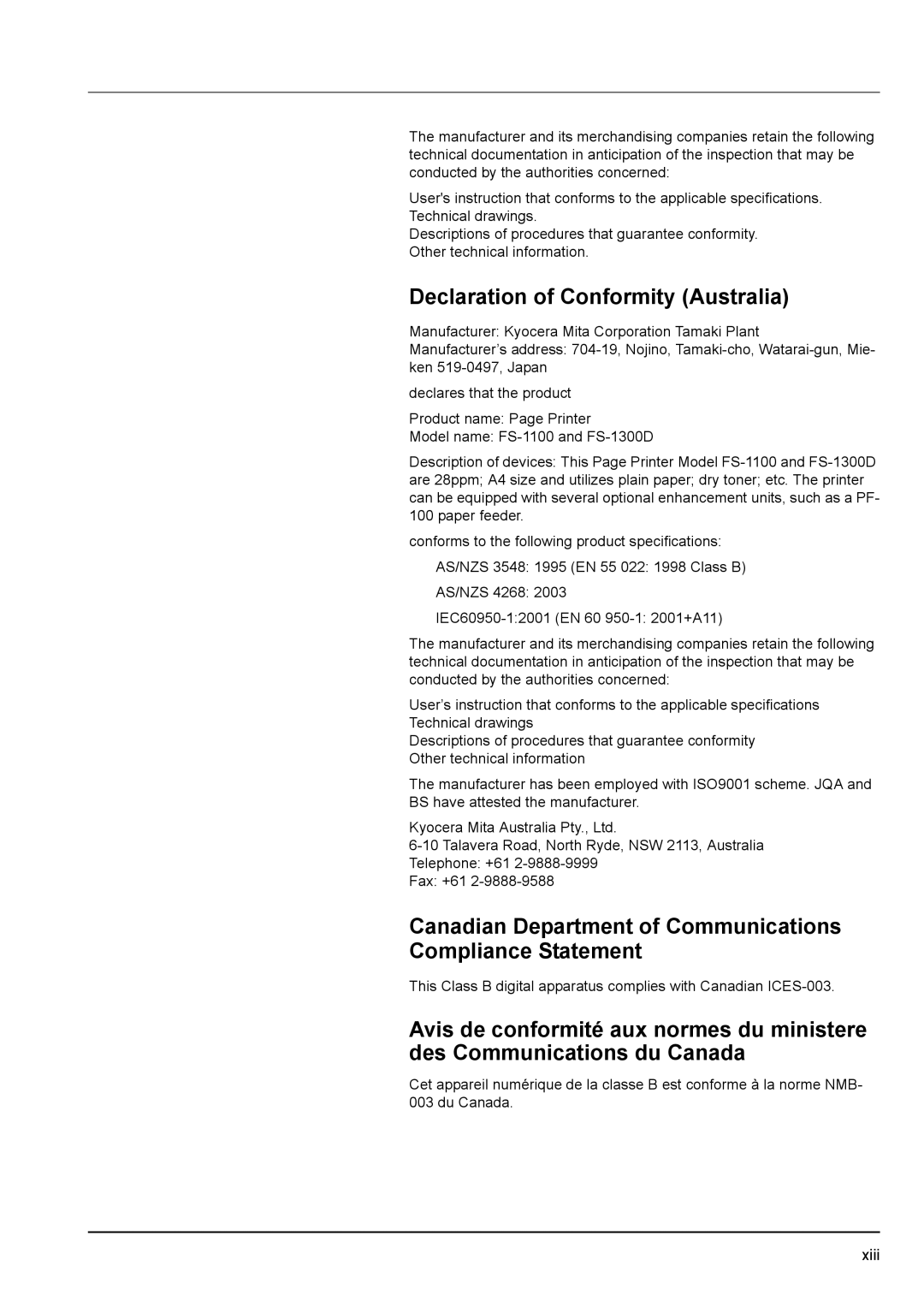 Kyocera FS-1100, FS-1300D Declaration of Conformity Australia, Canadian Department of Communications Compliance Statement 