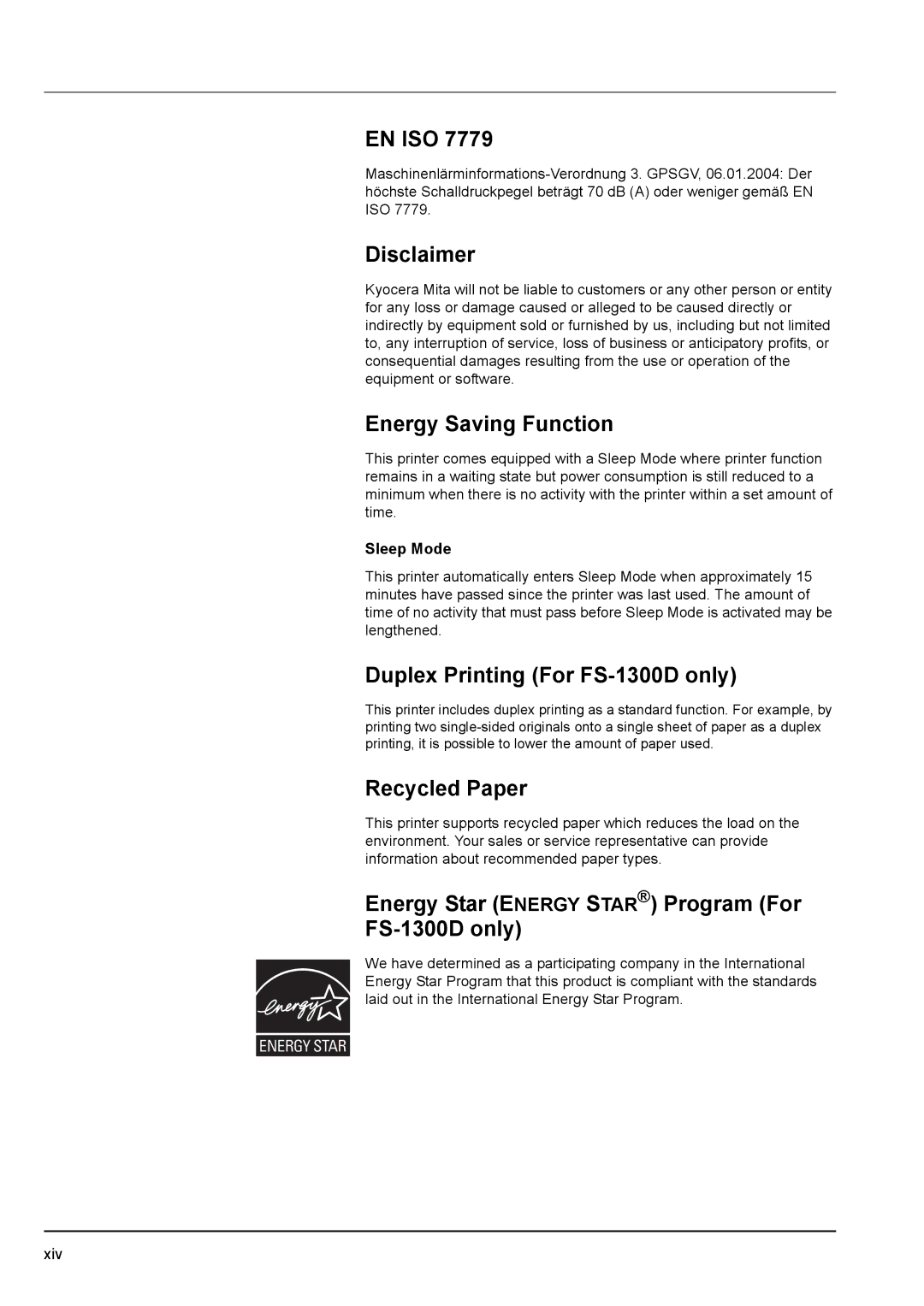 Kyocera FS-1100 manual En Iso, Disclaimer, Energy Saving Function, Duplex Printing For FS-1300D only, Recycled Paper 