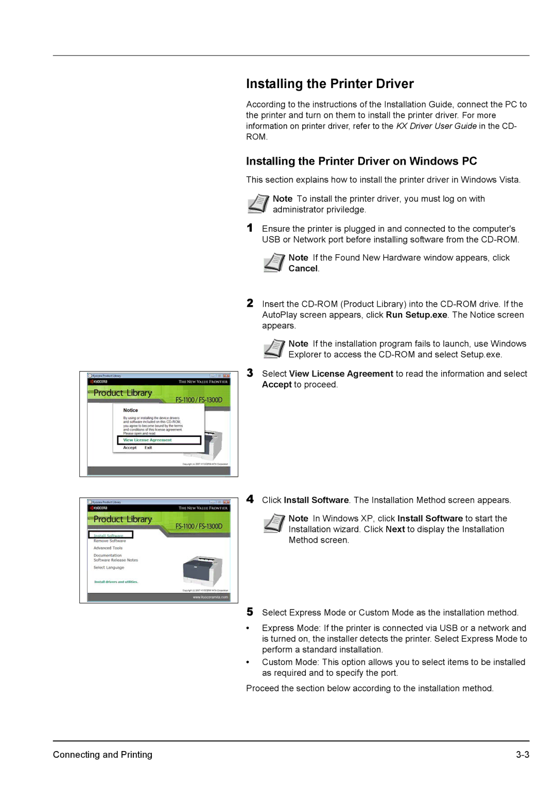 Kyocera FS-1100, FS-1300D manual Installing the Printer Driver on Windows PC 