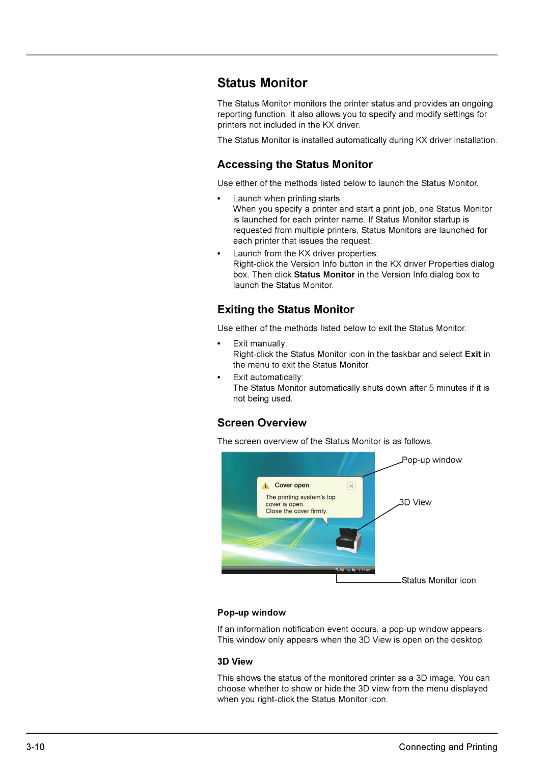 Kyocera FS-1300D, FS-1100 manual Accessing the Status Monitor, Exiting the Status Monitor, Screen Overview 