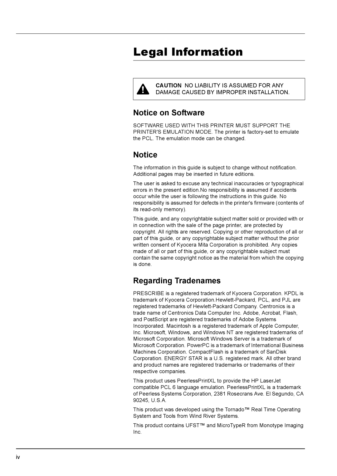 Kyocera FS-1300D, FS-1100 manual Legal Information, Regarding Tradenames 