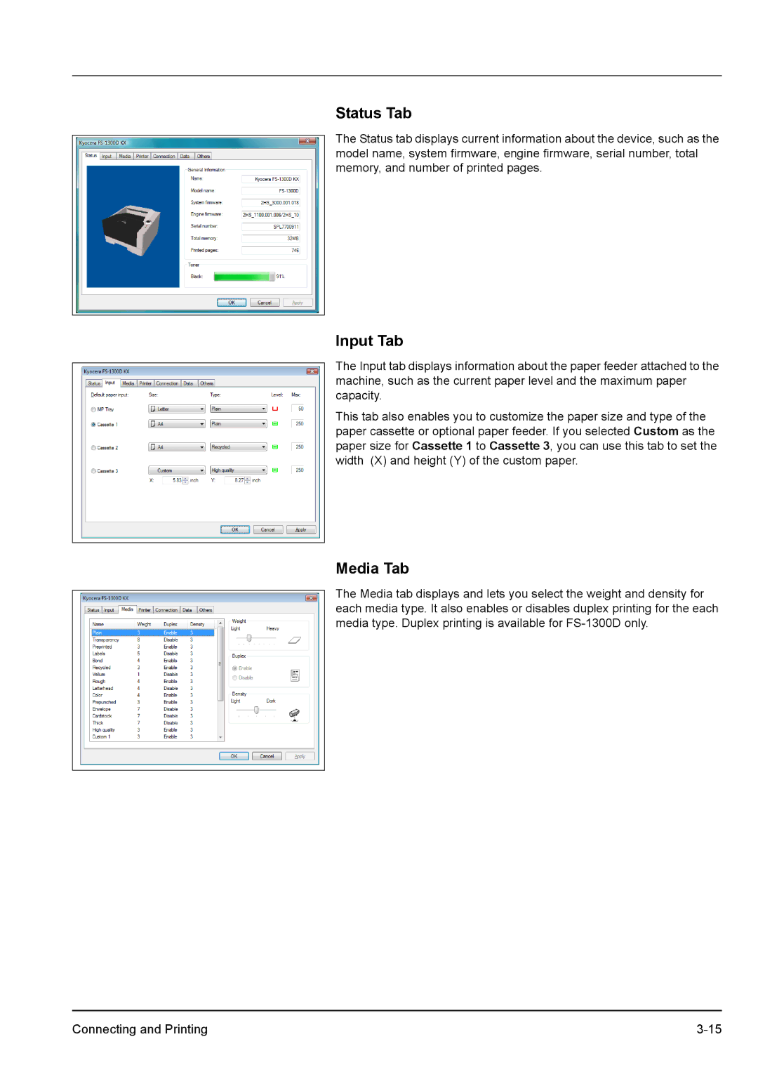 Kyocera FS-1100, FS-1300D manual Status Tab, Input Tab, Media Tab 