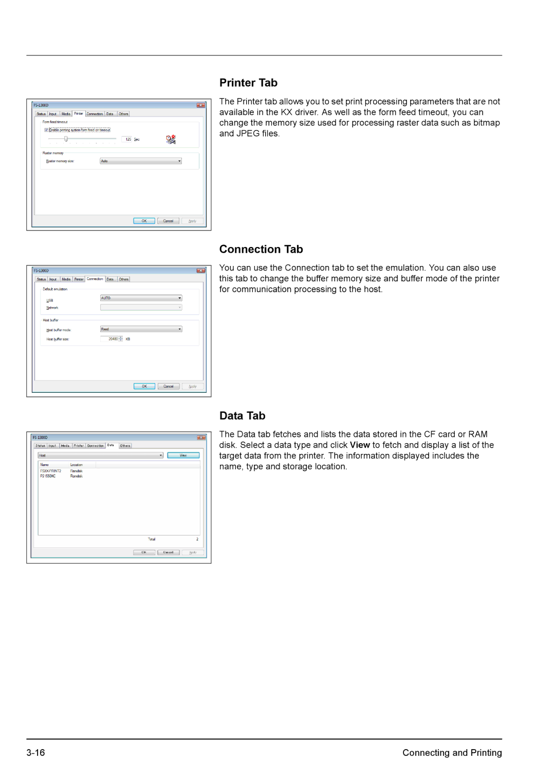 Kyocera FS-1300D, FS-1100 manual Printer Tab, Connection Tab, Data Tab 