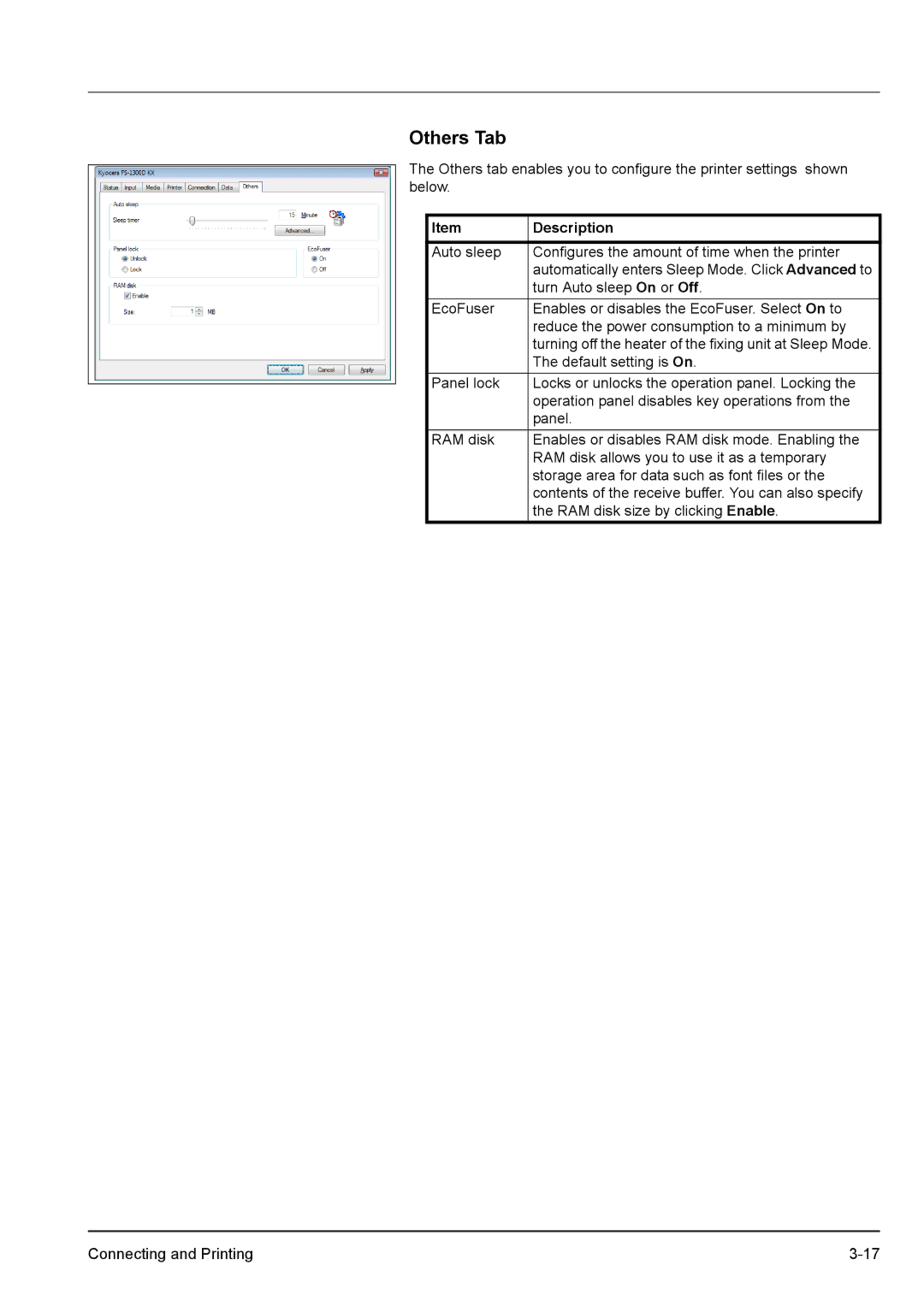 Kyocera FS-1100, FS-1300D manual Others Tab, Description 