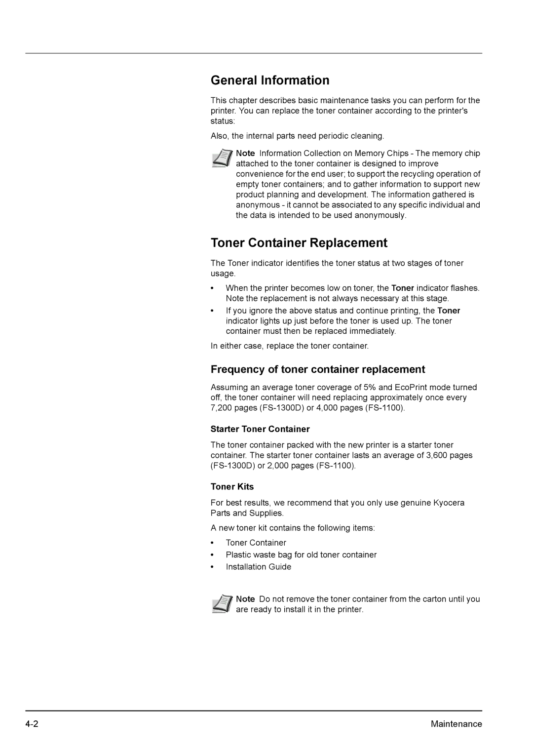 Kyocera FS-1300D General Information, Toner Container Replacement, Frequency of toner container replacement, Toner Kits 