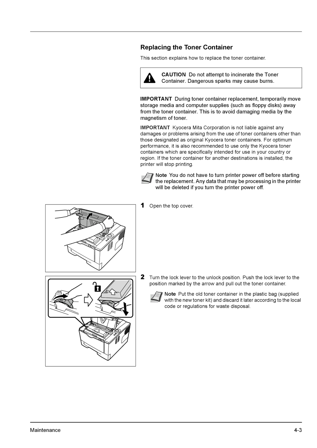 Kyocera FS-1100, FS-1300D manual Replacing the Toner Container 