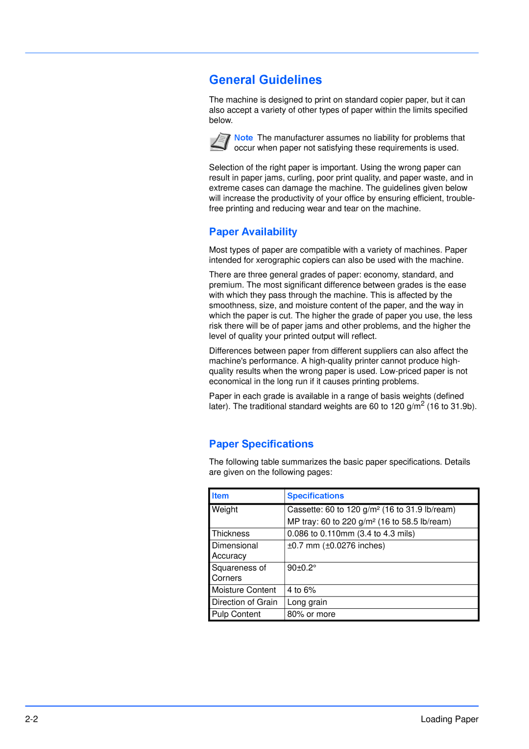 Kyocera FS-1300D, FS-1100 manual General Guidelines, Paper Availability, Paper Specifications 