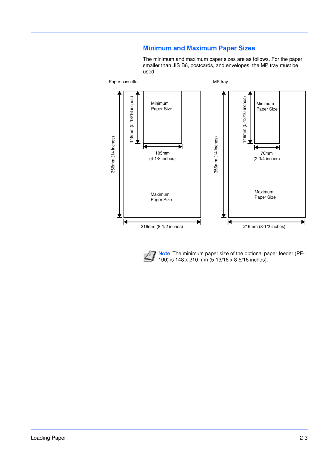 Kyocera FS-1100, FS-1300D manual Minimum and Maximum Paper Sizes 