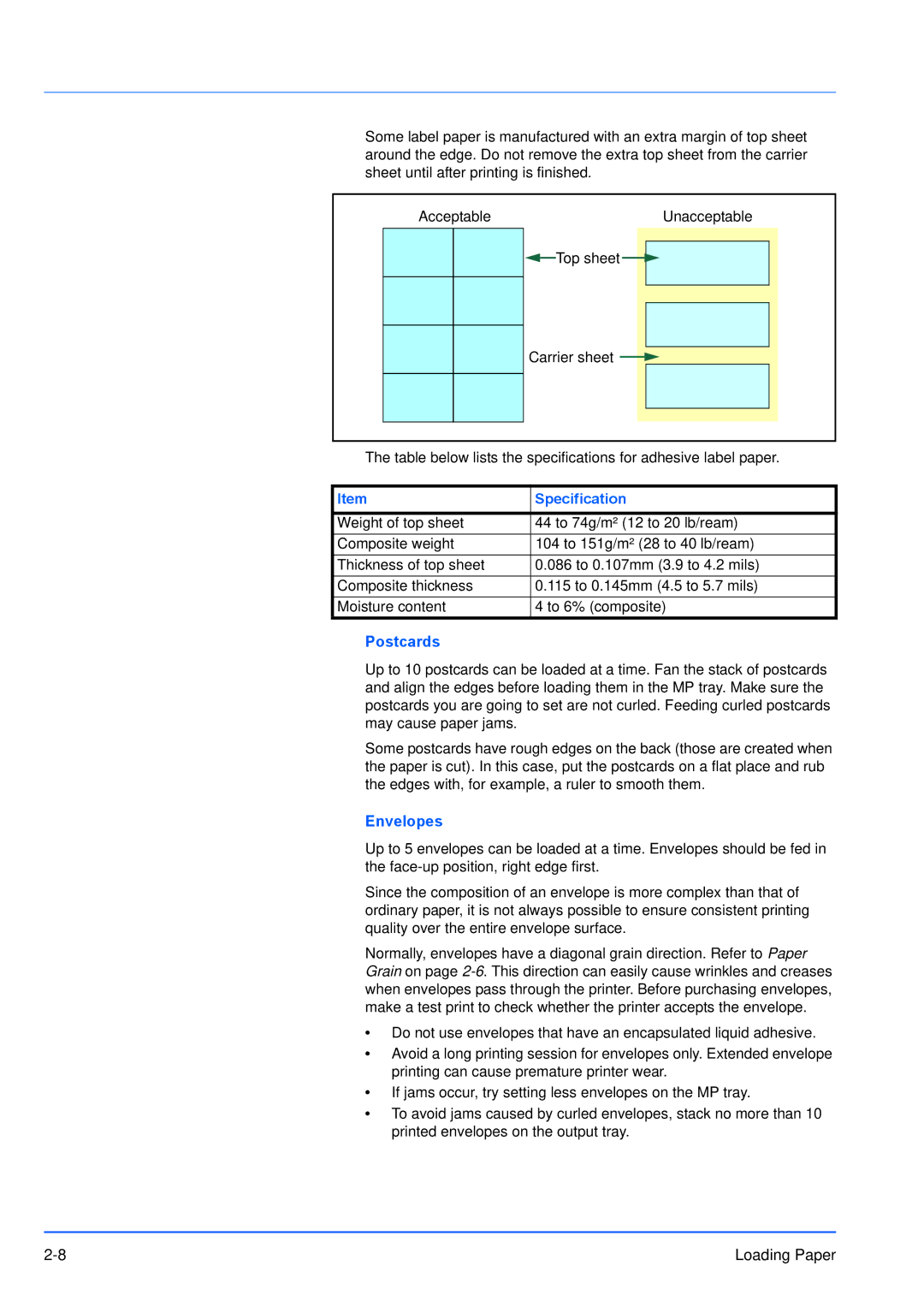 Kyocera FS-1300D, FS-1100 manual Specification, Postcards, Envelopes 