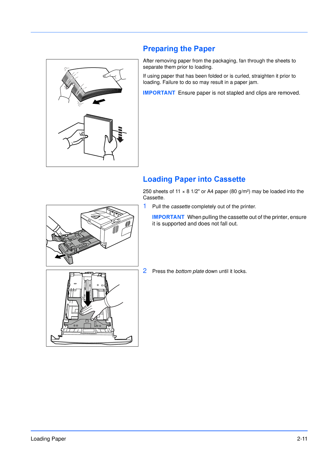 Kyocera FS-1100, FS-1300D manual Preparing the Paper, Loading Paper into Cassette 