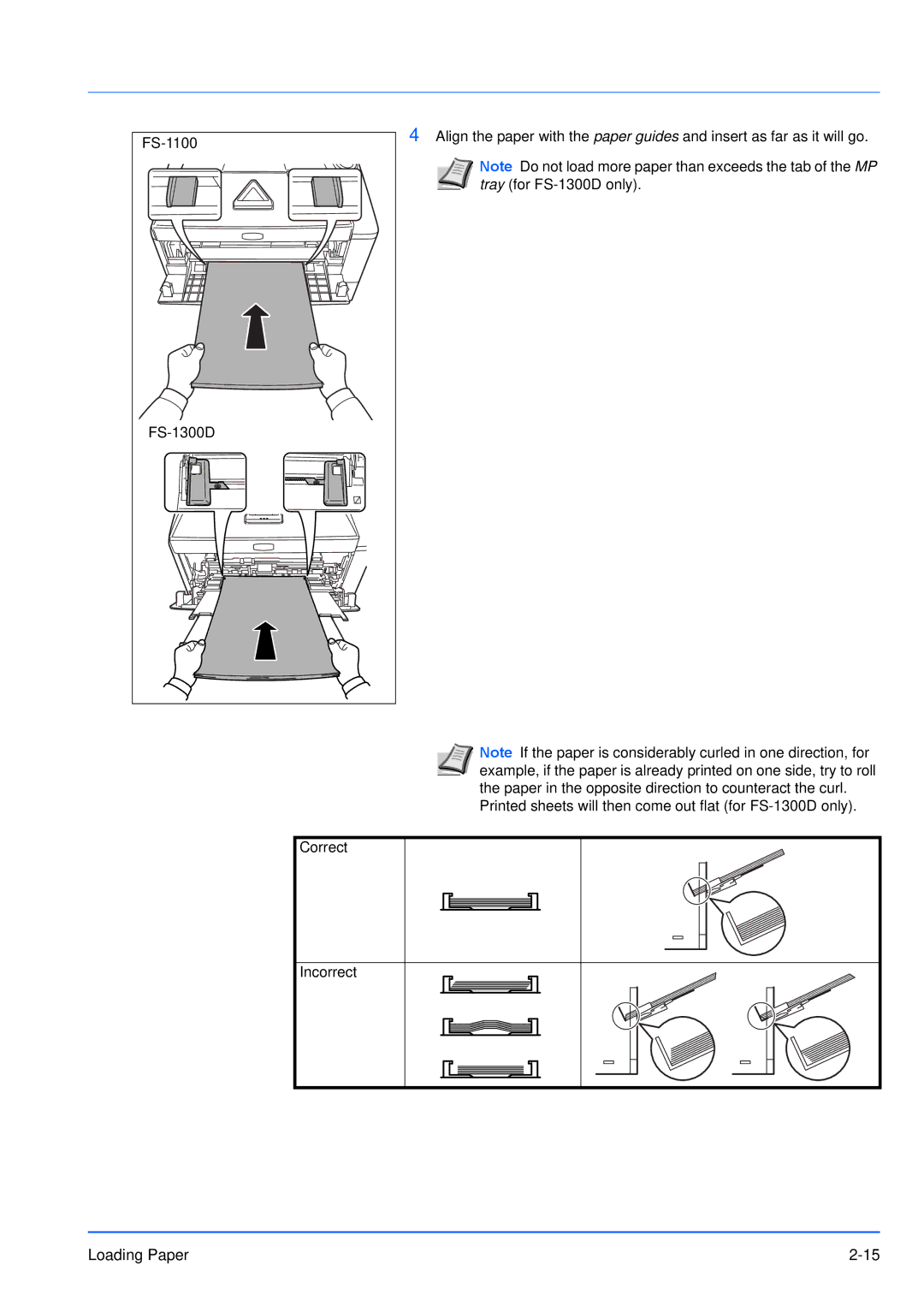 Kyocera FS-1100, FS-1300D manual Paper in the opposite direction to counteract the curl 