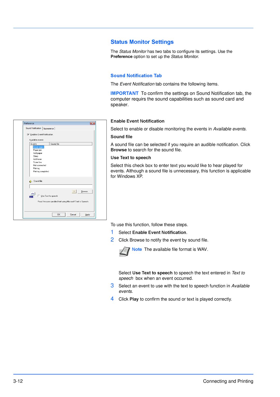 Kyocera FS-1300D, FS-1100 manual Status Monitor Settings, Sound Notification Tab 