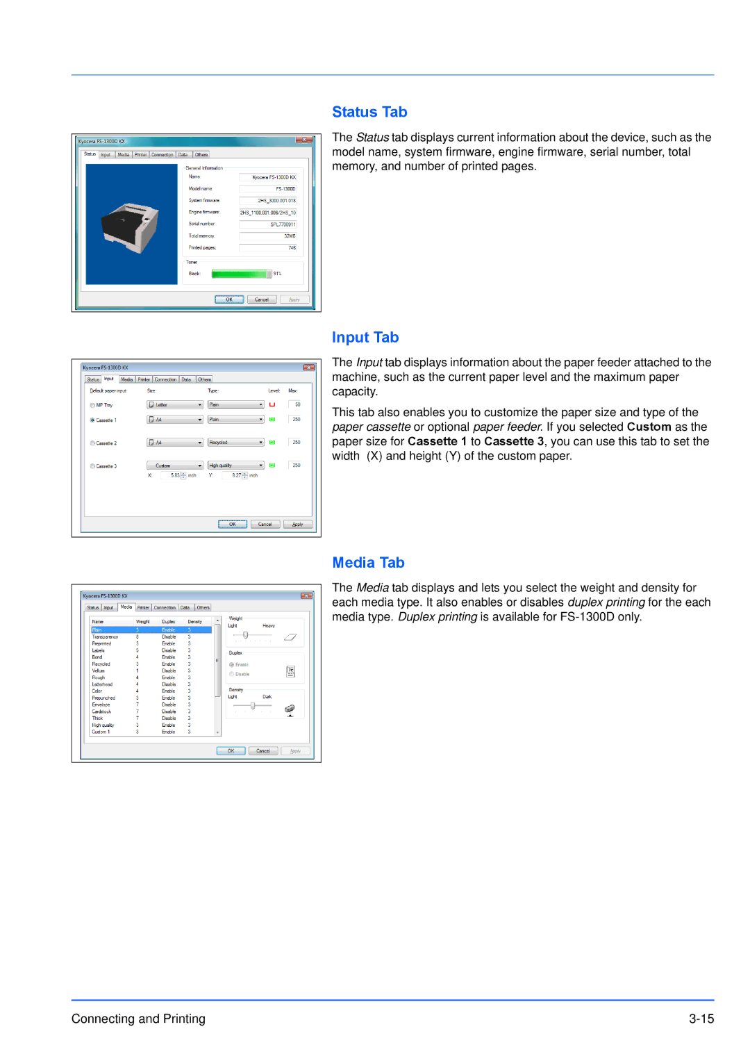 Kyocera FS-1100, FS-1300D manual Status Tab, Input Tab, Media Tab 