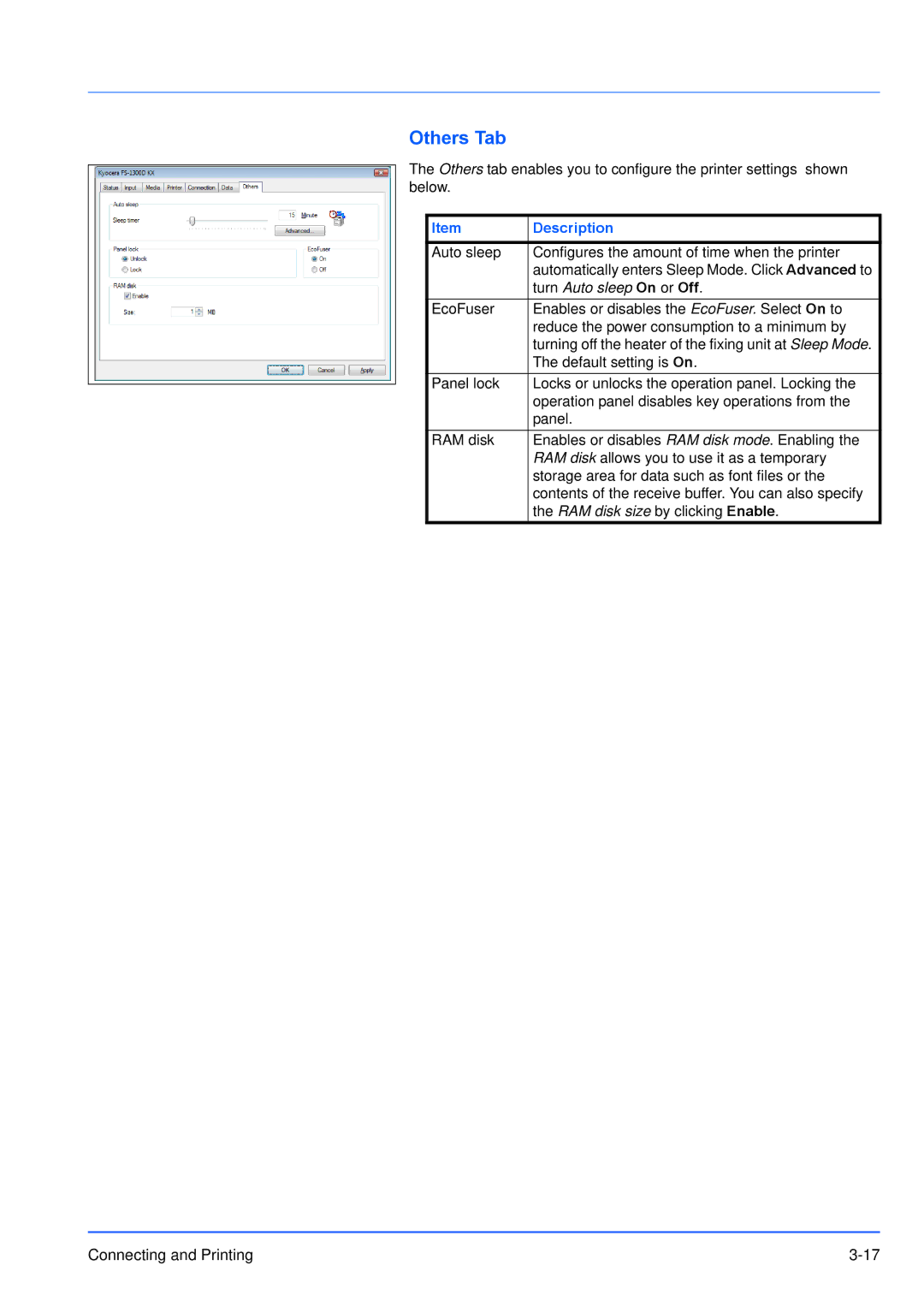 Kyocera FS-1100, FS-1300D manual Others Tab, Description 