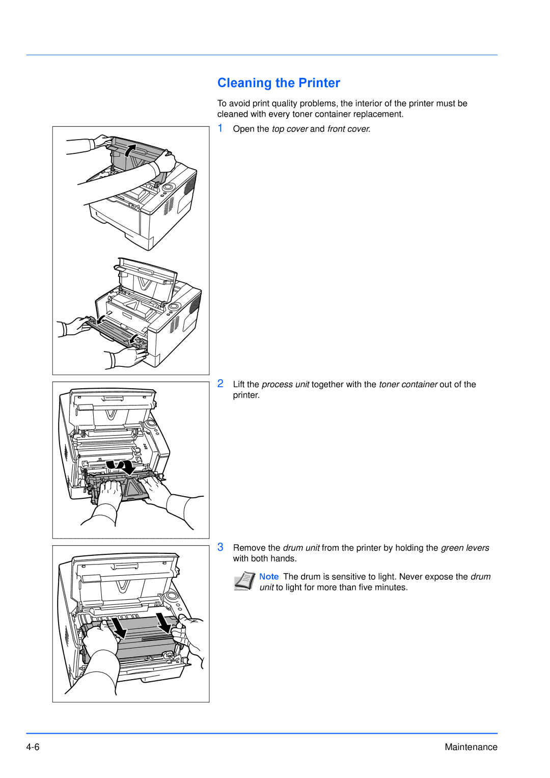 Kyocera FS-1300D, FS-1100 manual Cleaning the Printer, Open the top cover and front cover 