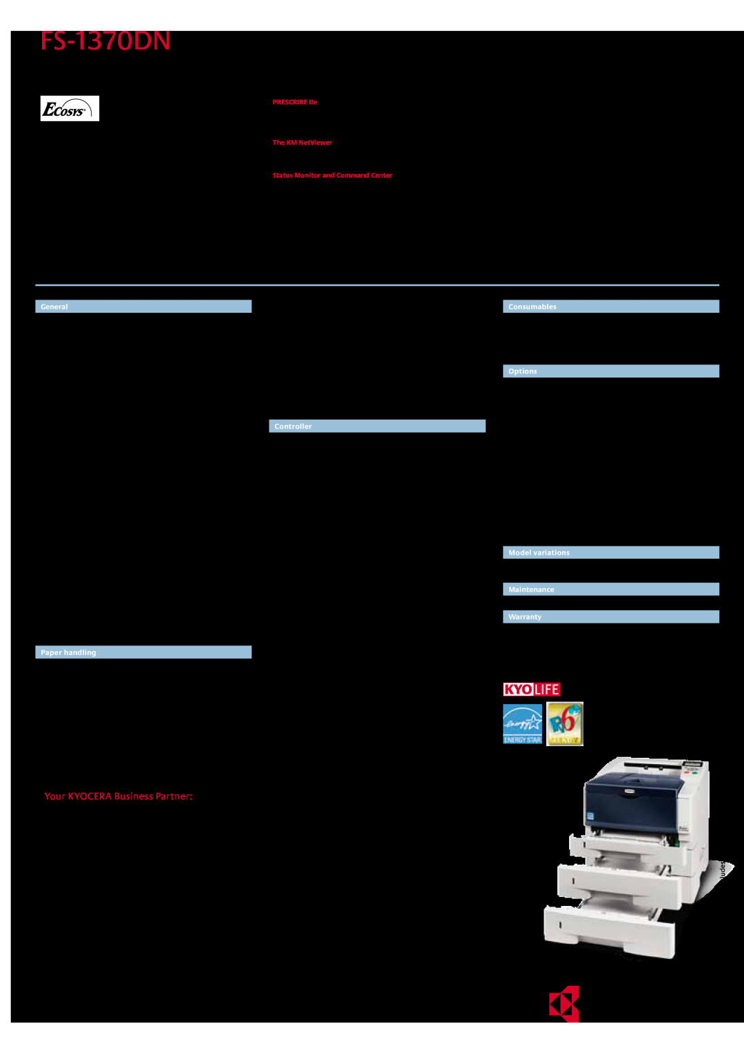 Kyocera FS-1370DN manual MONOCHROME DESKTOP PRINTER FOR A4 FORMAT, Your KYOCERA Business Partner, General, Paper handling 