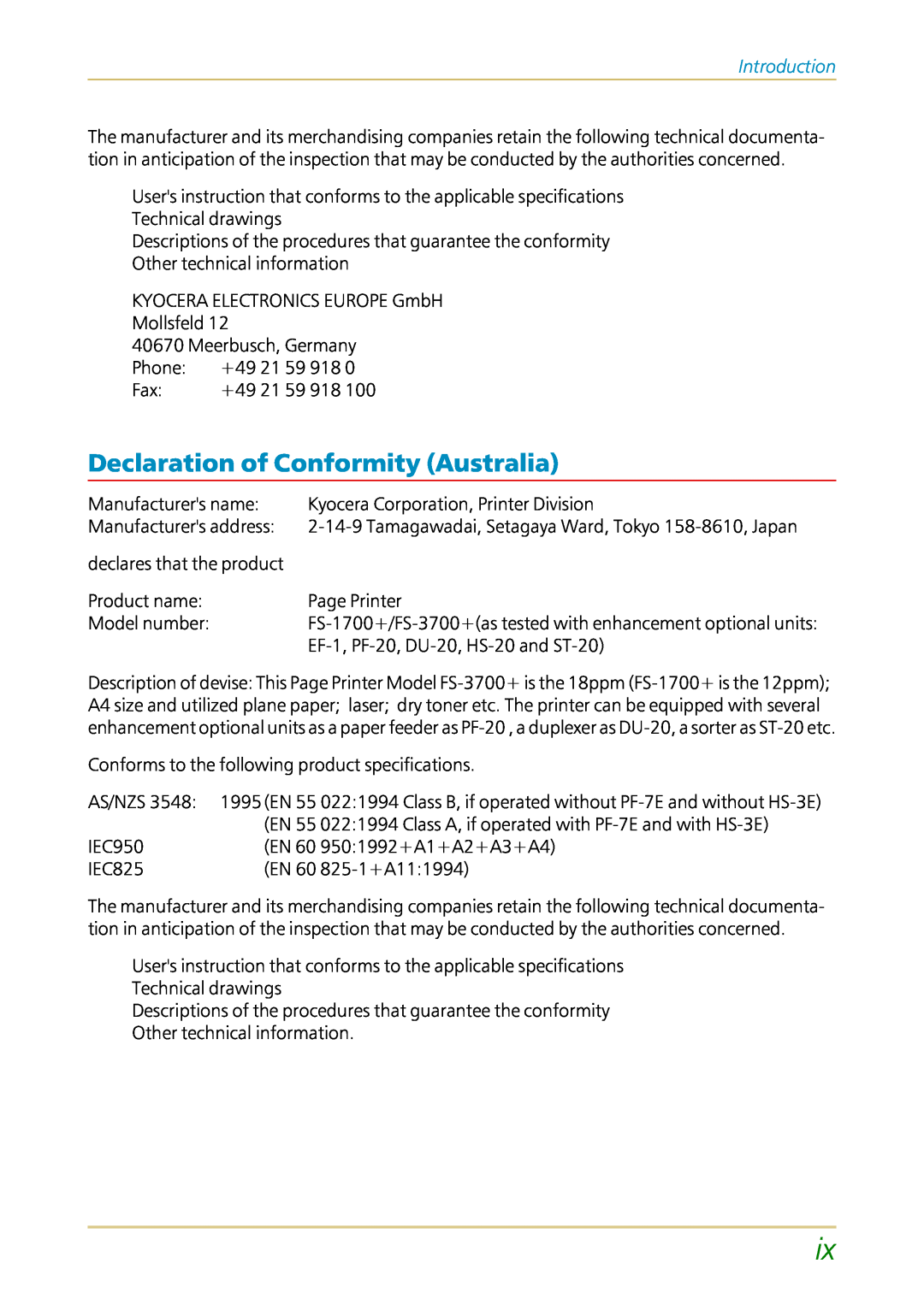 Kyocera FS-1700 user manual Declaration of Conformity Australia, Introduction 