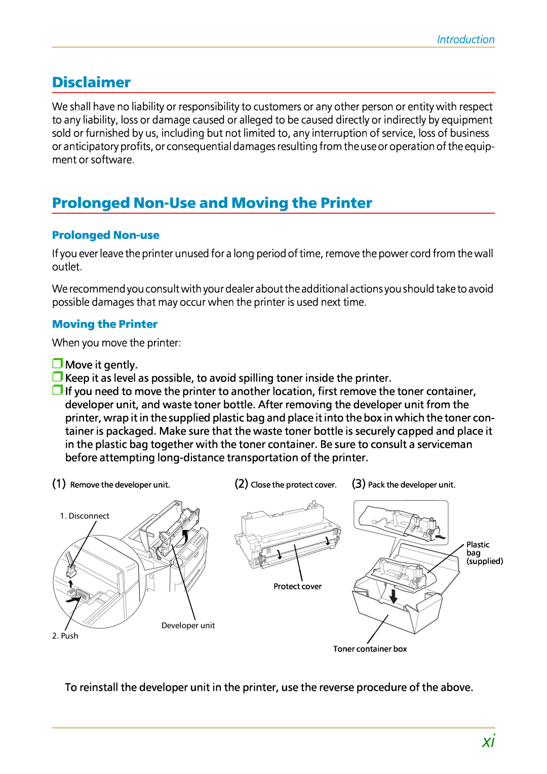 Kyocera FS-1700 user manual Disclaimer, Prolonged Non-Useand Moving the Printer, Introduction, Prolonged Non-use 