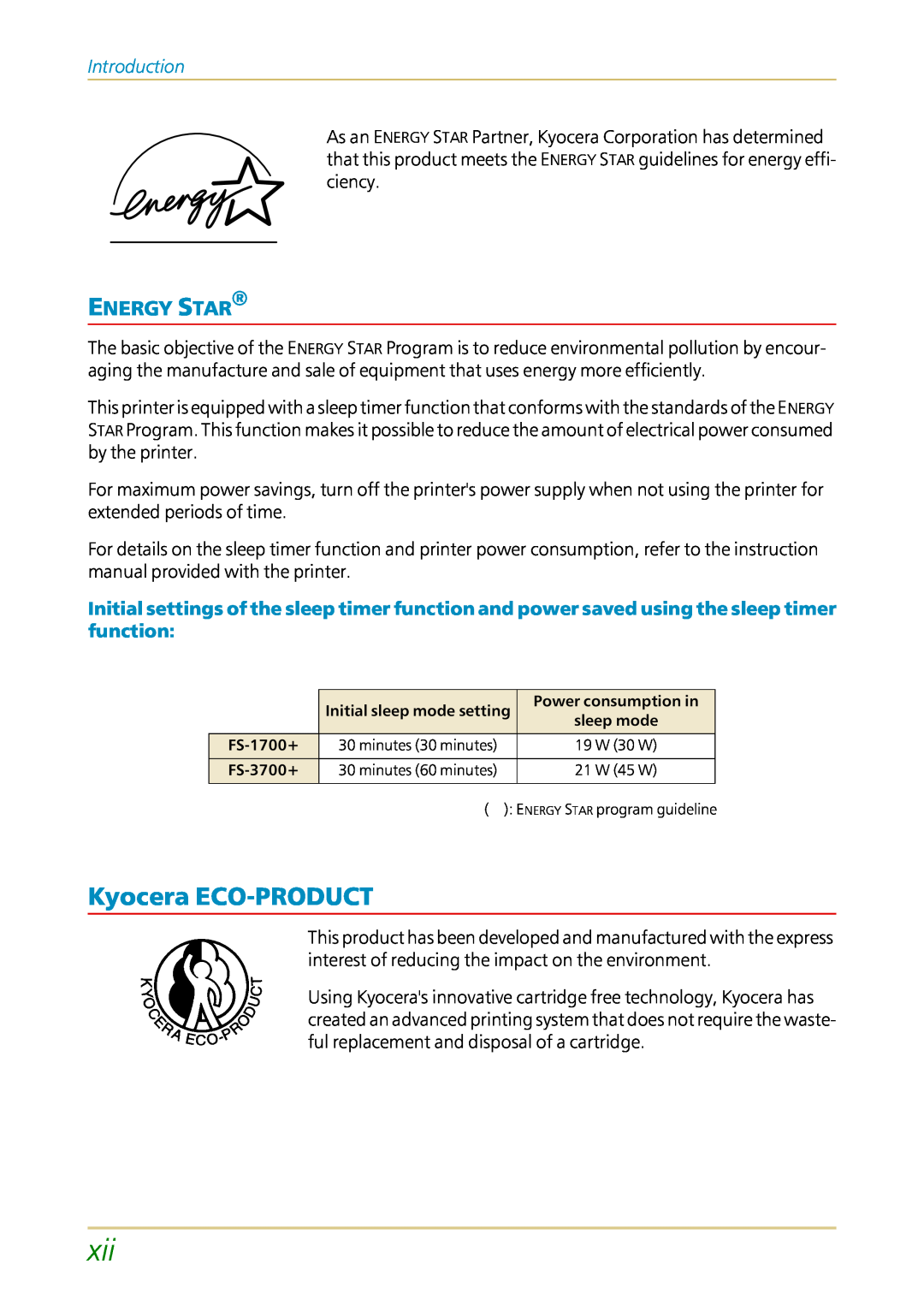 Kyocera FS-1700 user manual Kyocera ECO-PRODUCT, Energy Star, Introduction 