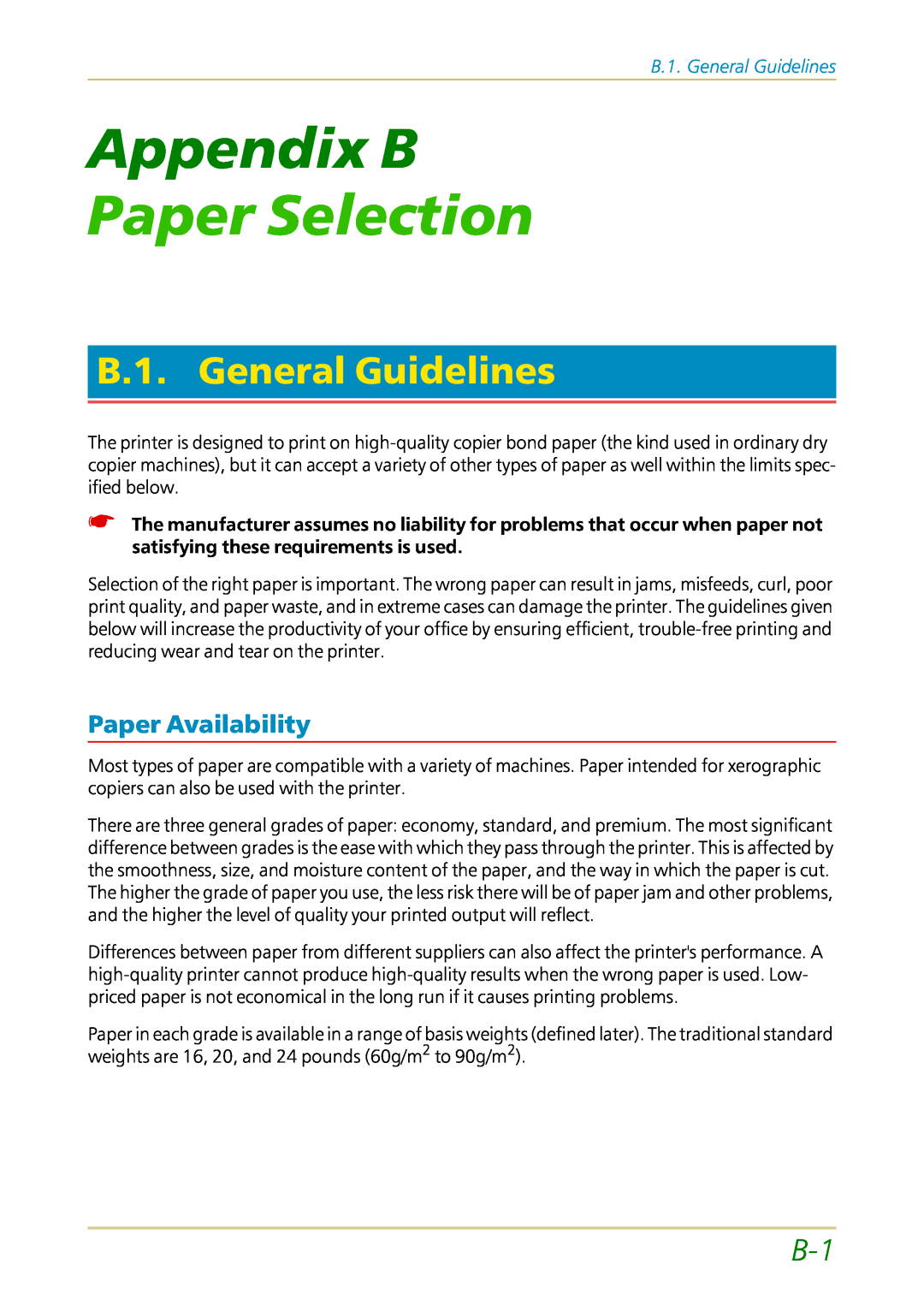 Kyocera FS-1700 user manual Appendix B, Paper Selection, B.1. General Guidelines, Paper Availability 
