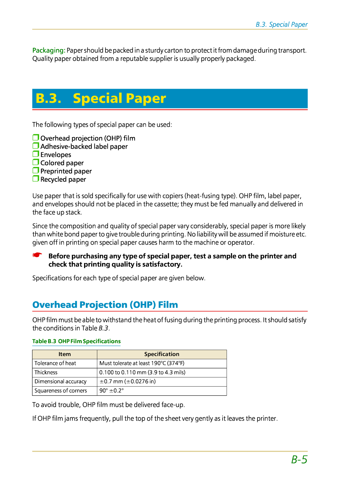 Kyocera FS-1700 user manual B.3. Special Paper, Overhead Projection OHP Film 