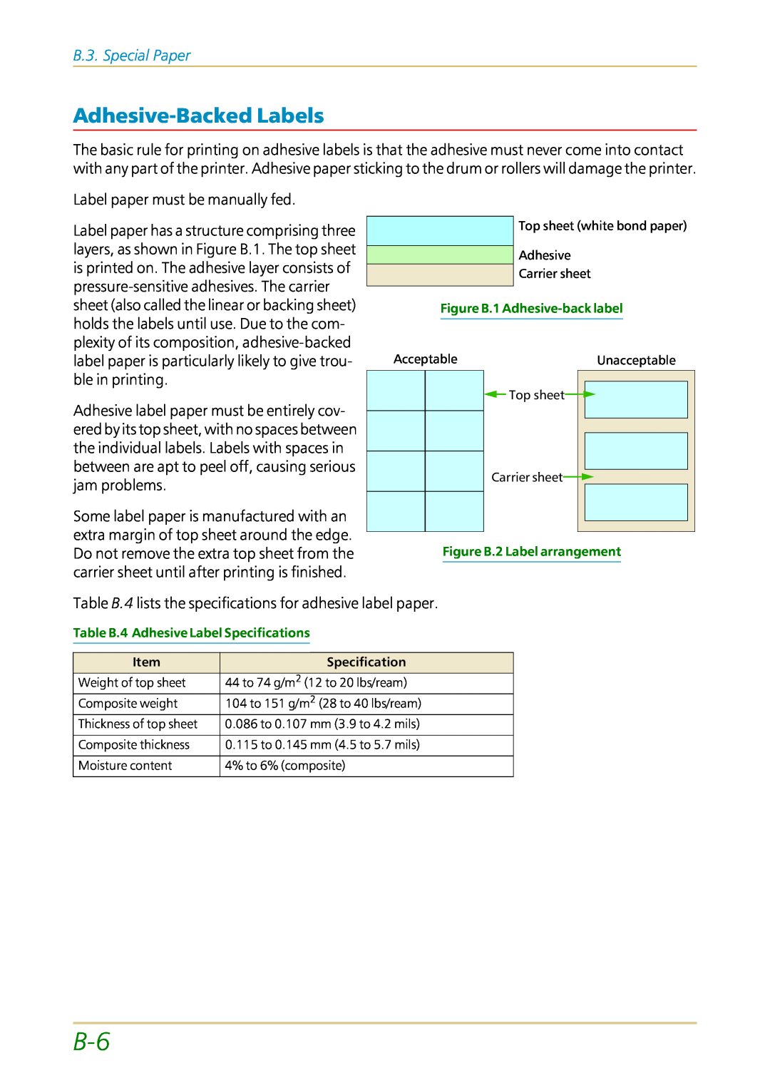 Kyocera FS-1700 user manual Adhesive-BackedLabels, B.3. Special Paper 