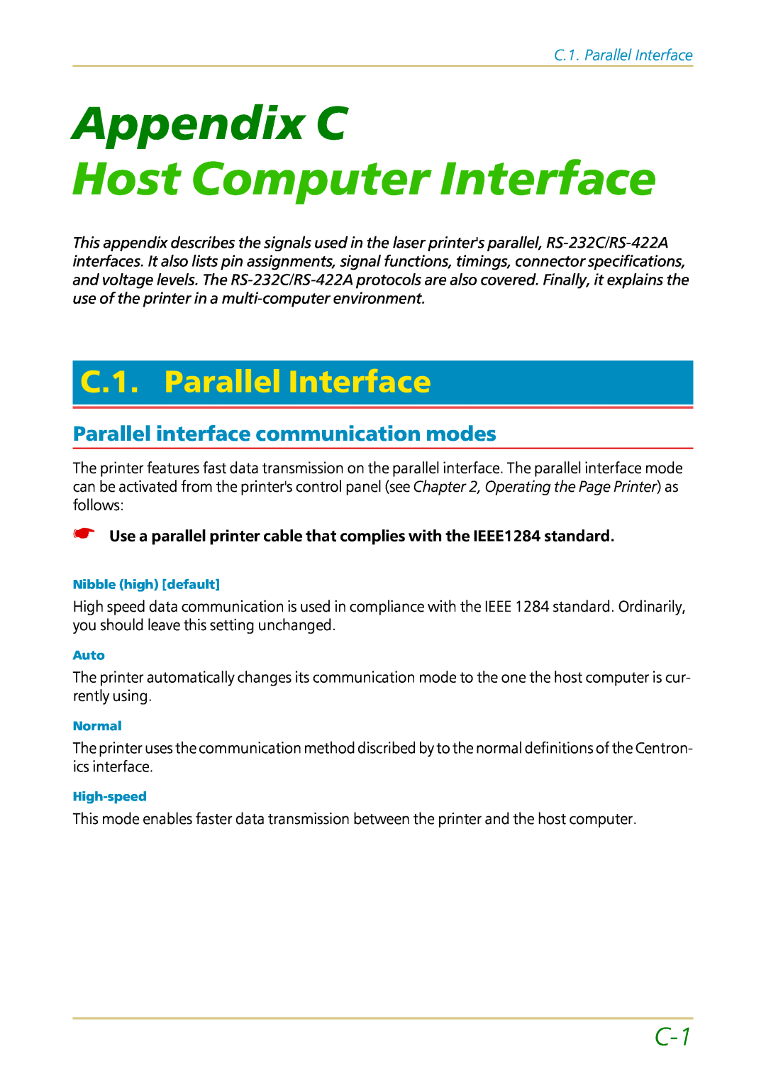 Kyocera FS-1700 Appendix C, Host Computer Interface, C.1. Parallel Interface, Parallel interface communication modes 