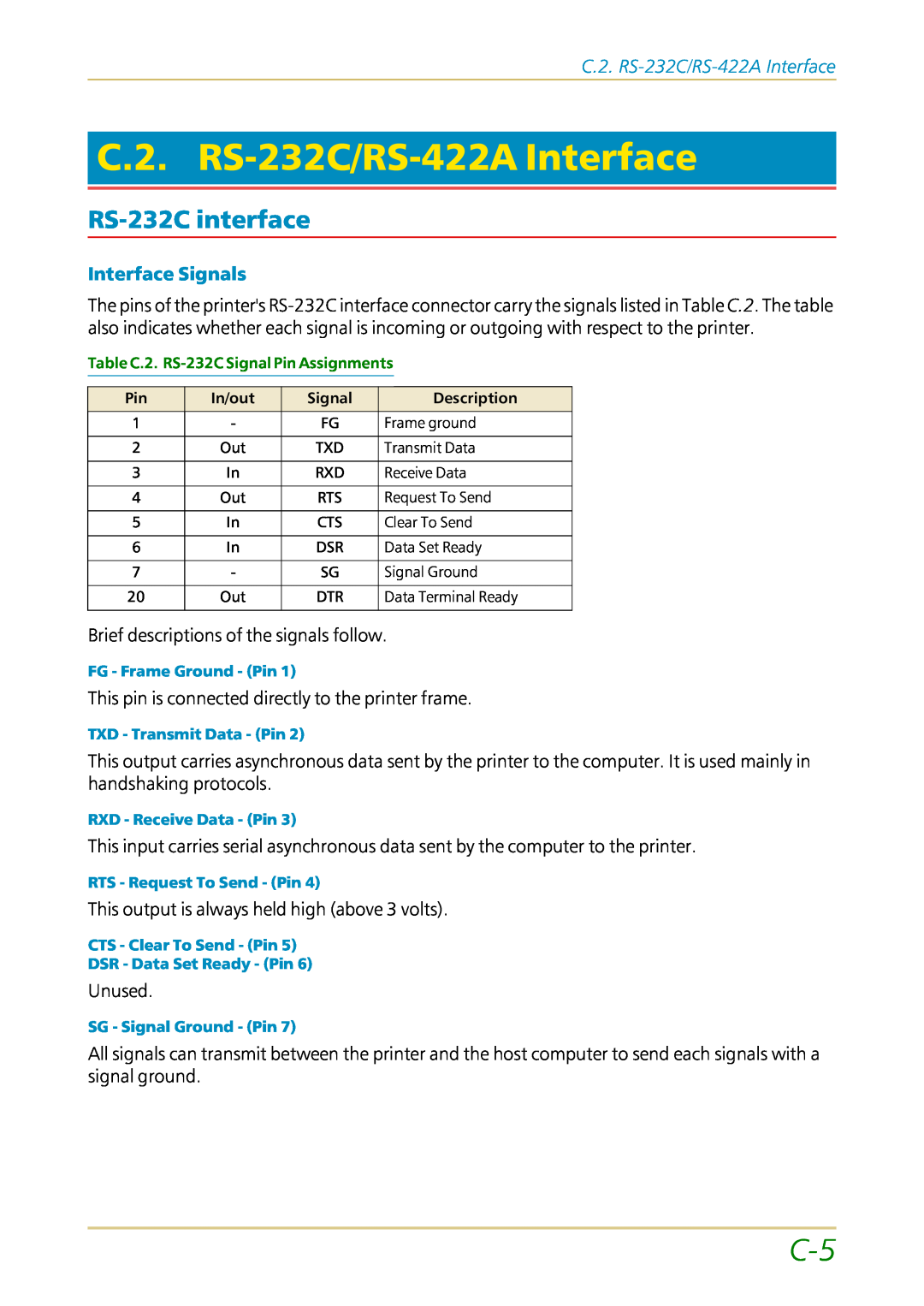 Kyocera FS-1700 user manual C.2. RS-232C/RS-422AInterface, RS-232Cinterface, Interface Signals 