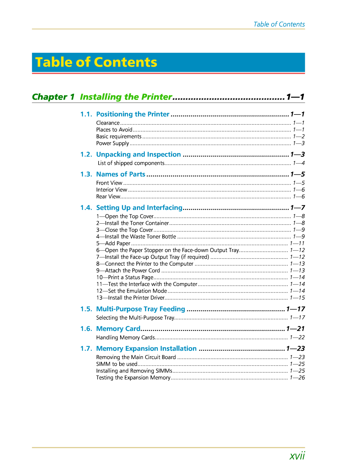 Kyocera FS-1700 user manual Table of Contents, xvii, Installing the Printer 