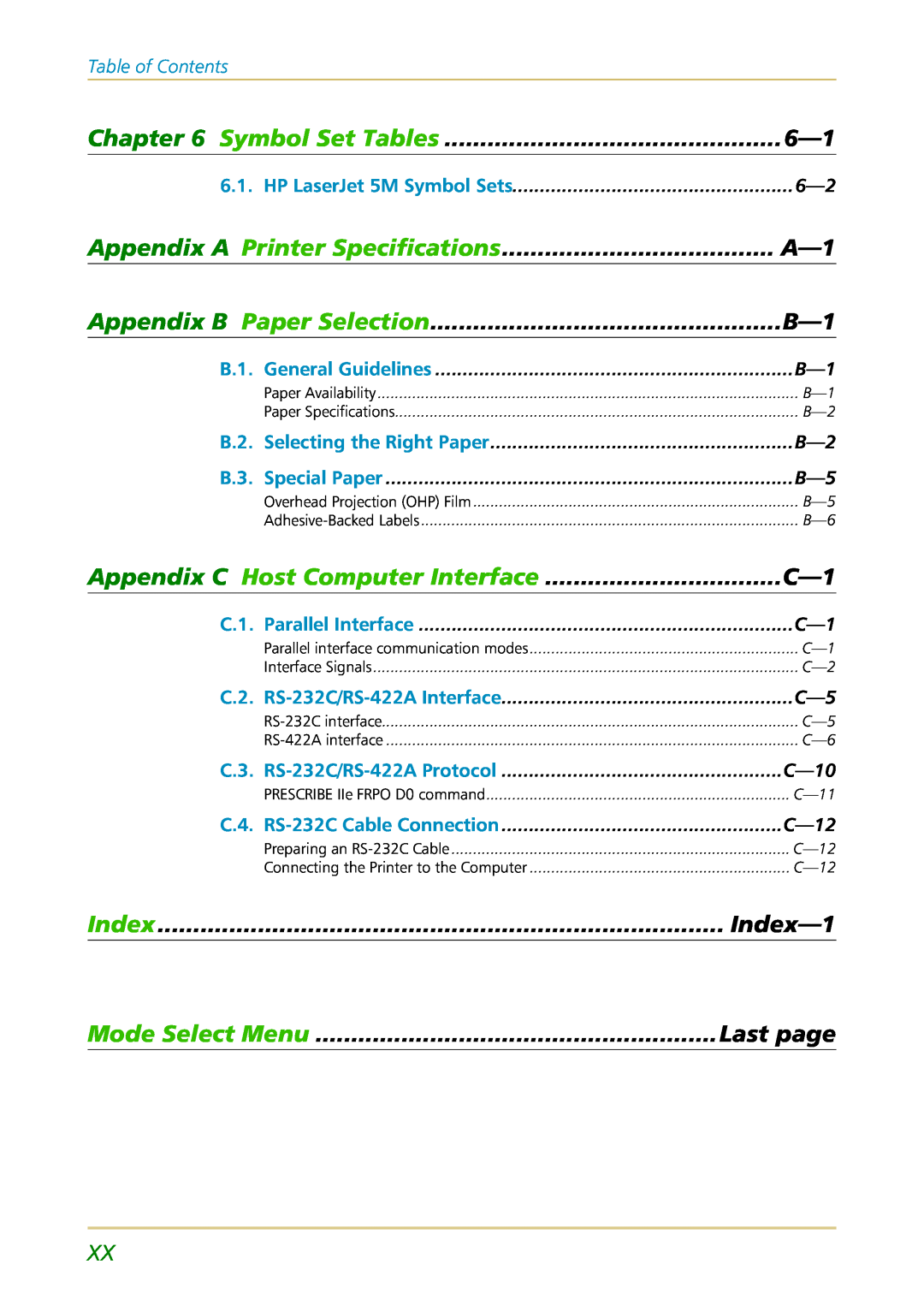 Kyocera FS-1700 Appendix A Printer Specifications, Appendix C Host Computer Interface, Index—1, Mode Select Menu 