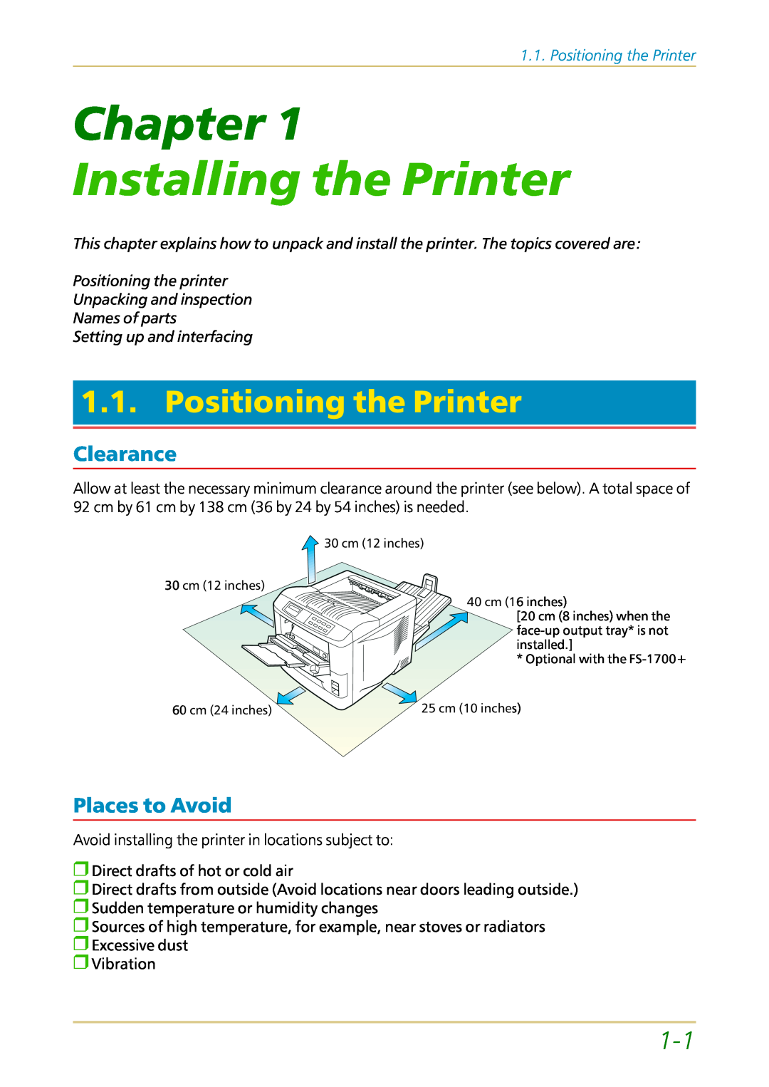 Kyocera FS-1700 user manual Chapter, Installing the Printer, Positioning the Printer, Clearance, Places to Avoid 