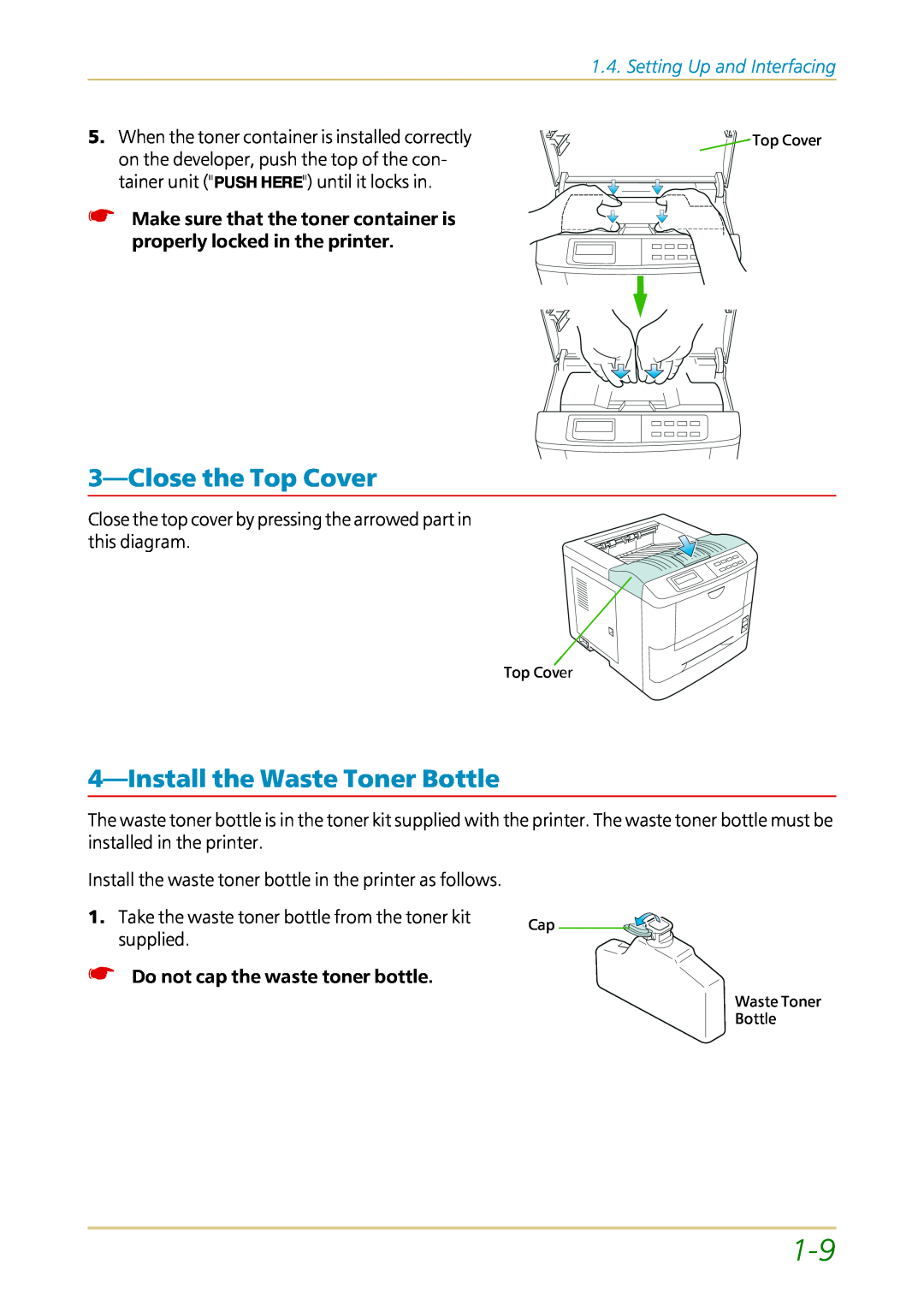 Kyocera FS-1700 user manual 3—Closethe Top Cover, 4—Installthe Waste Toner Bottle, Setting Up and Interfacing 