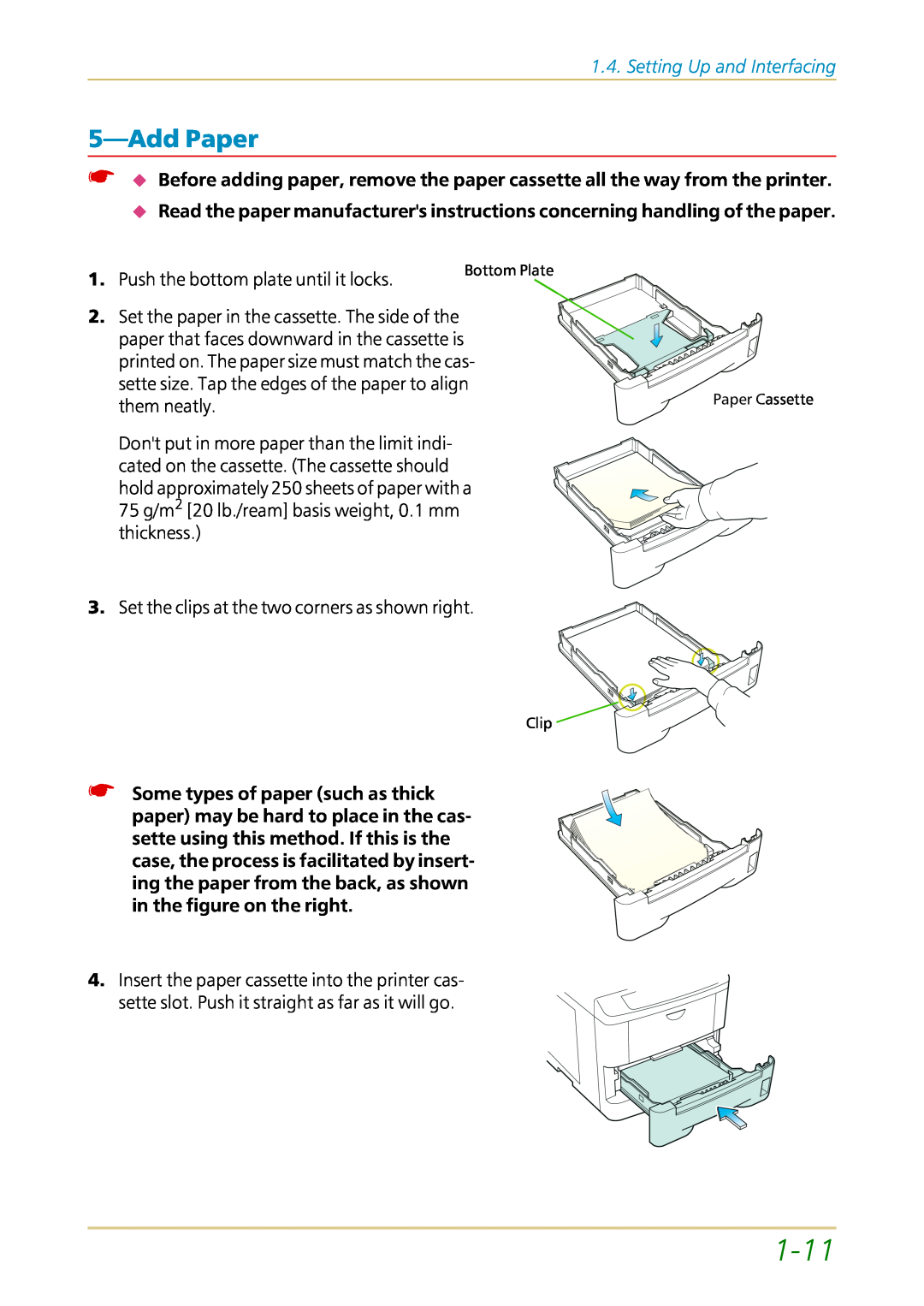 Kyocera FS-1700 user manual 1-11, 5—AddPaper, Setting Up and Interfacing, Push the bottom plate until it locks, them neatly 