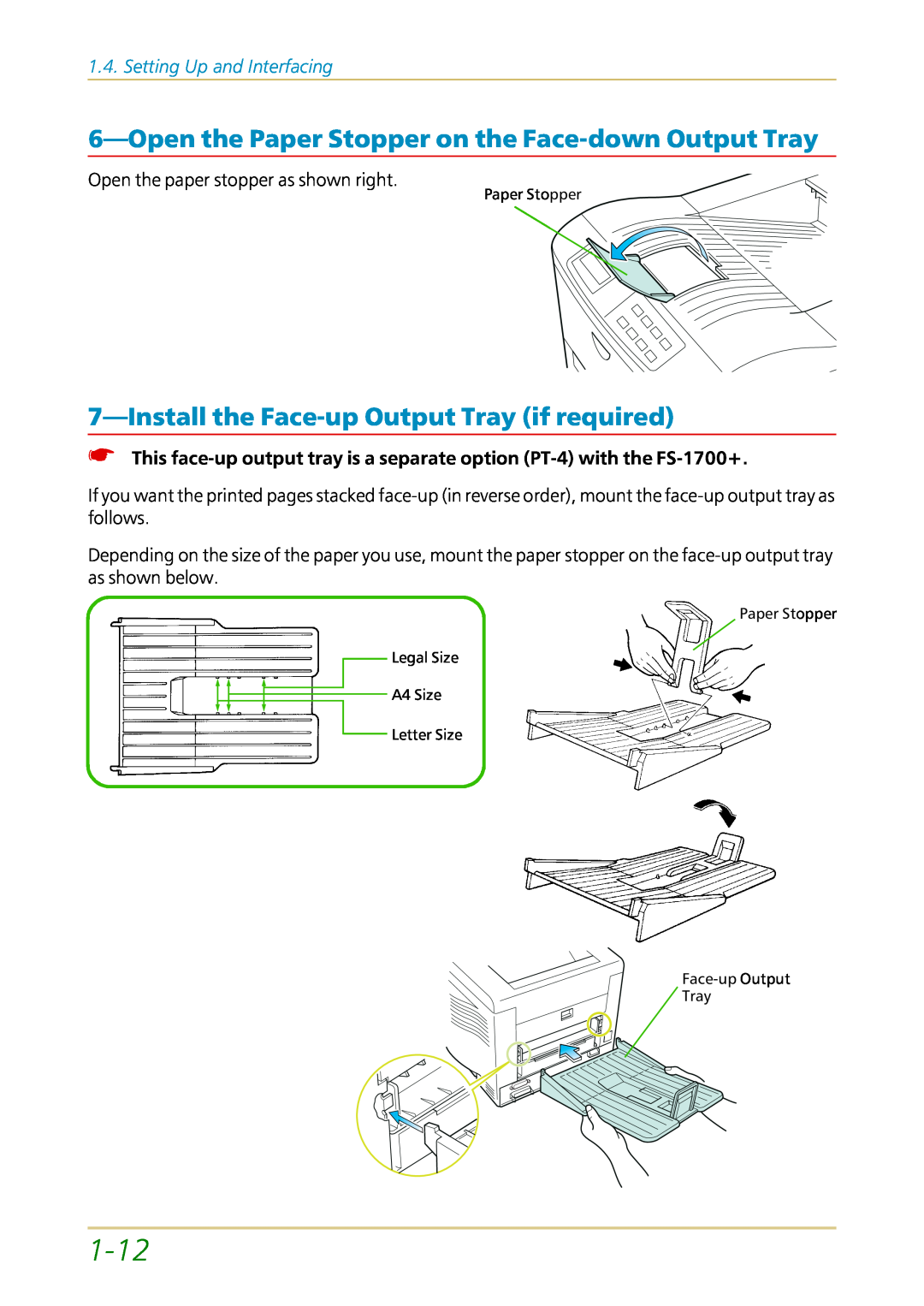 Kyocera FS-1700 user manual 1-12, Installthe Face-upOutput Tray if required, Setting Up and Interfacing 