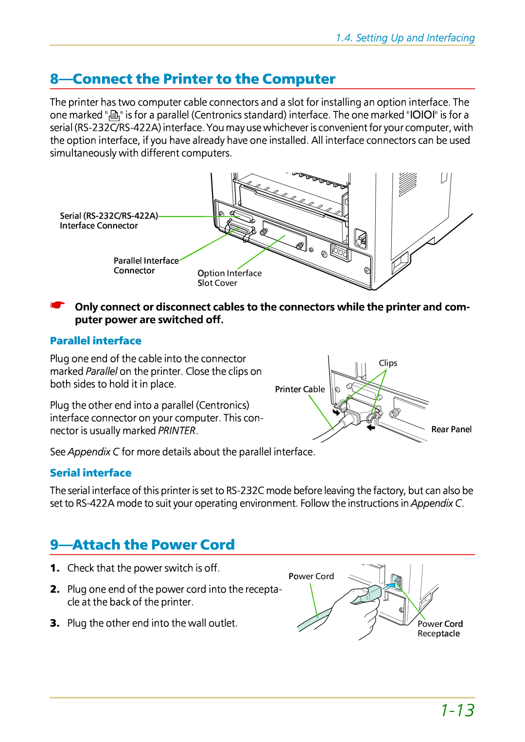 Kyocera FS-1700 user manual 1-13, 8—Connectthe Printer to the Computer, 9—Attachthe Power Cord, Setting Up and Interfacing 