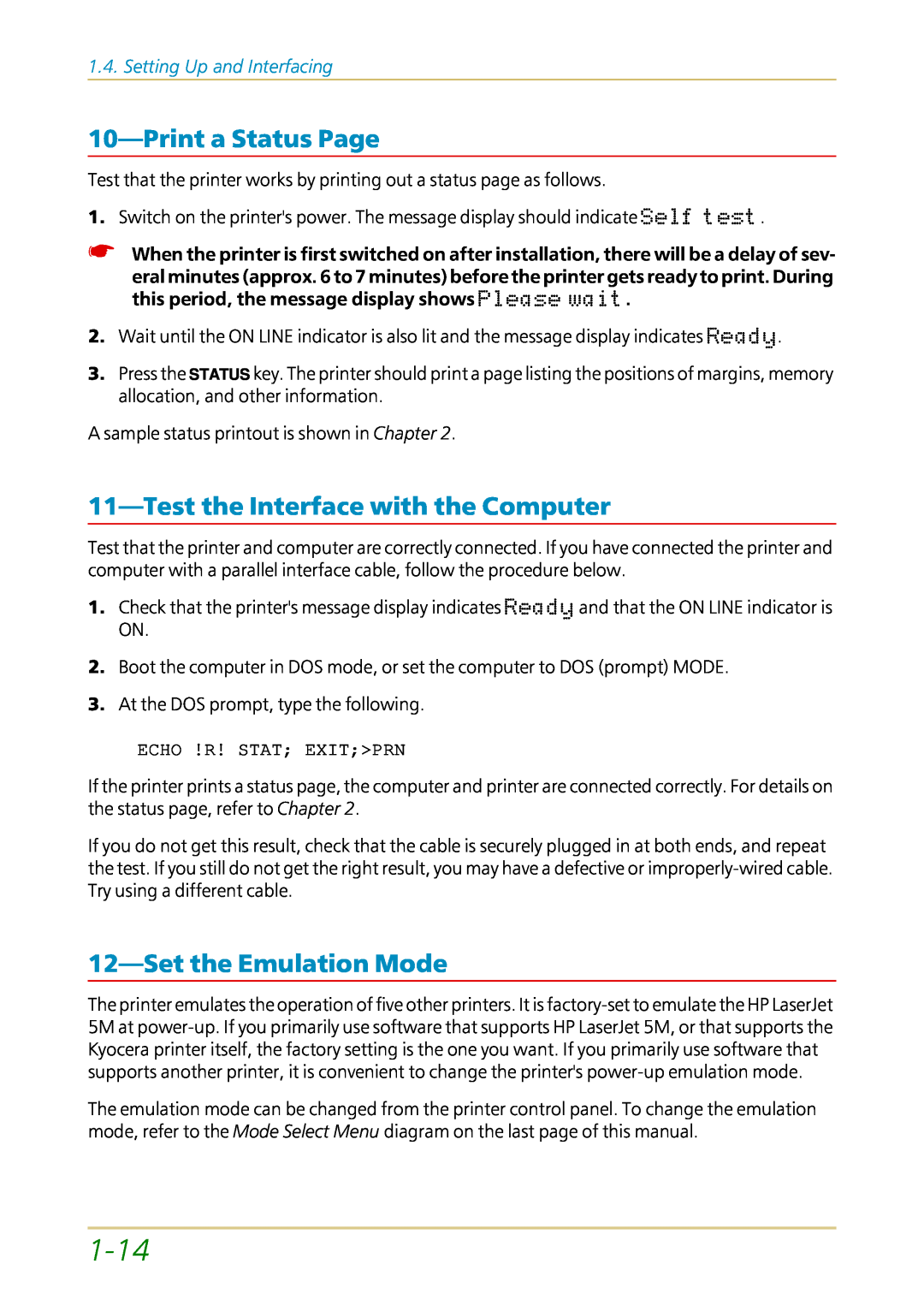 Kyocera FS-1700 user manual 1-14, Printa Status Page, 11—Testthe Interface with the Computer, Setthe Emulation Mode 