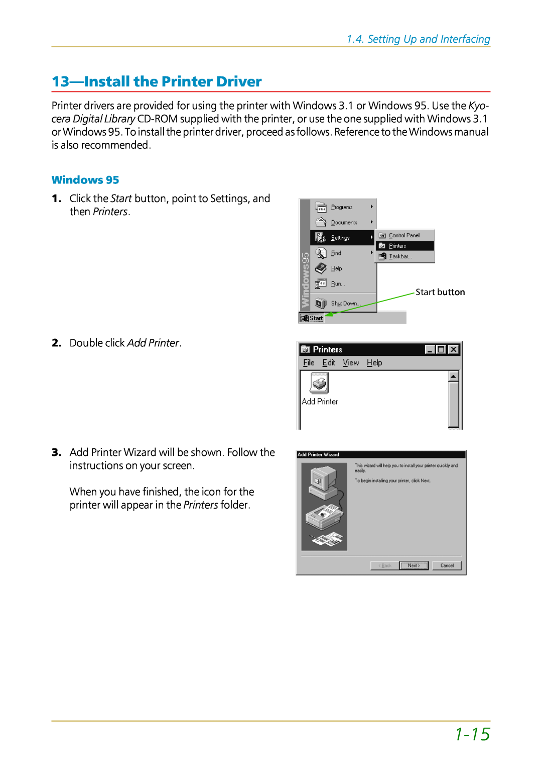 Kyocera FS-1700 user manual 1-15, 13—Installthe Printer Driver, Setting Up and Interfacing, Windows 