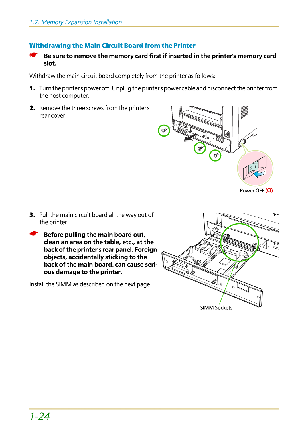 Kyocera FS-1700 user manual 1-24, Memory Expansion Installation, Install the SIMM as described on the next page 