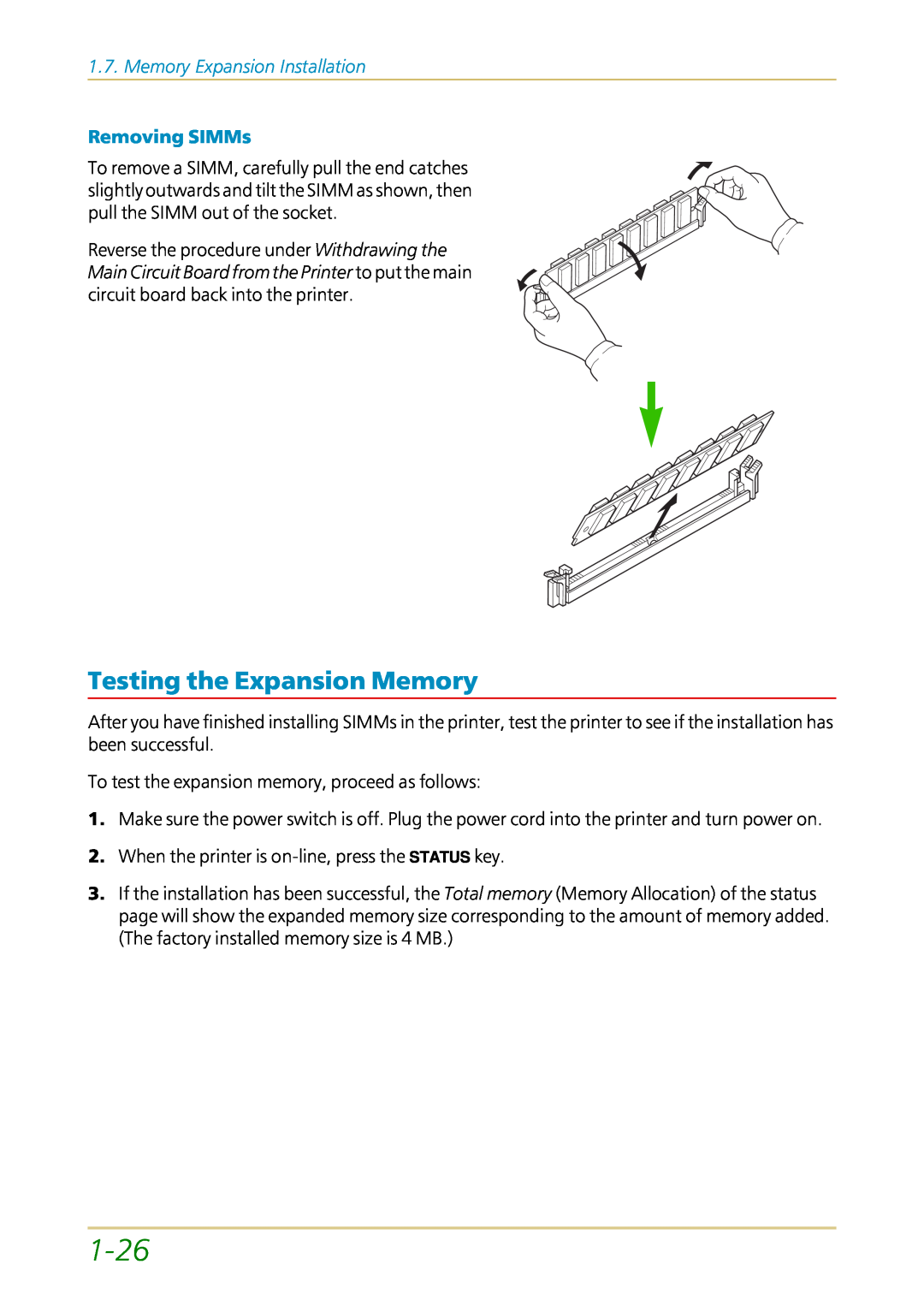 Kyocera FS-1700 user manual 1-26, Testing the Expansion Memory, Memory Expansion Installation, Removing SIMMs 