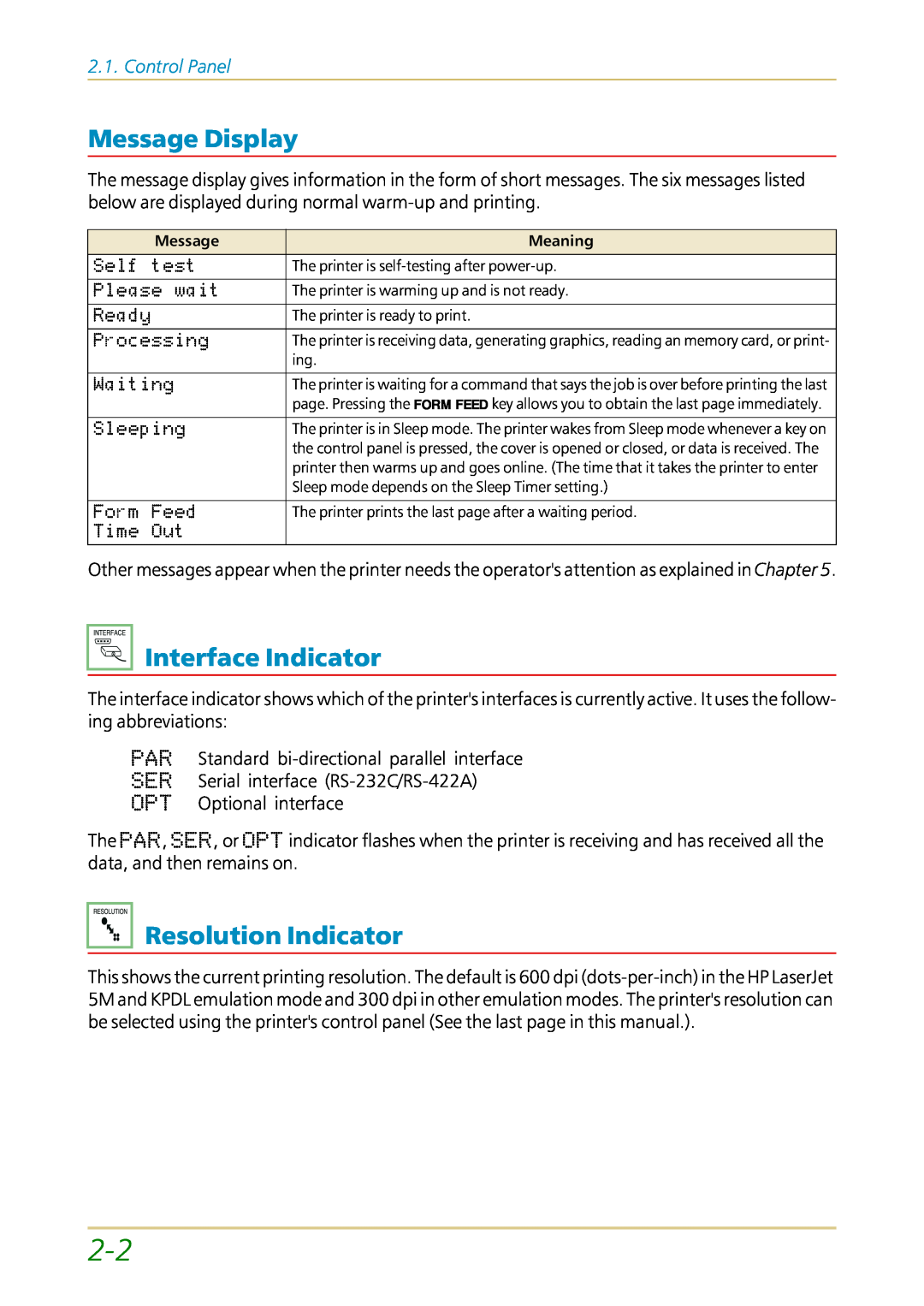 Kyocera FS-1700 user manual Message Display, Interface Indicator, Resolution Indicator, Control Panel 